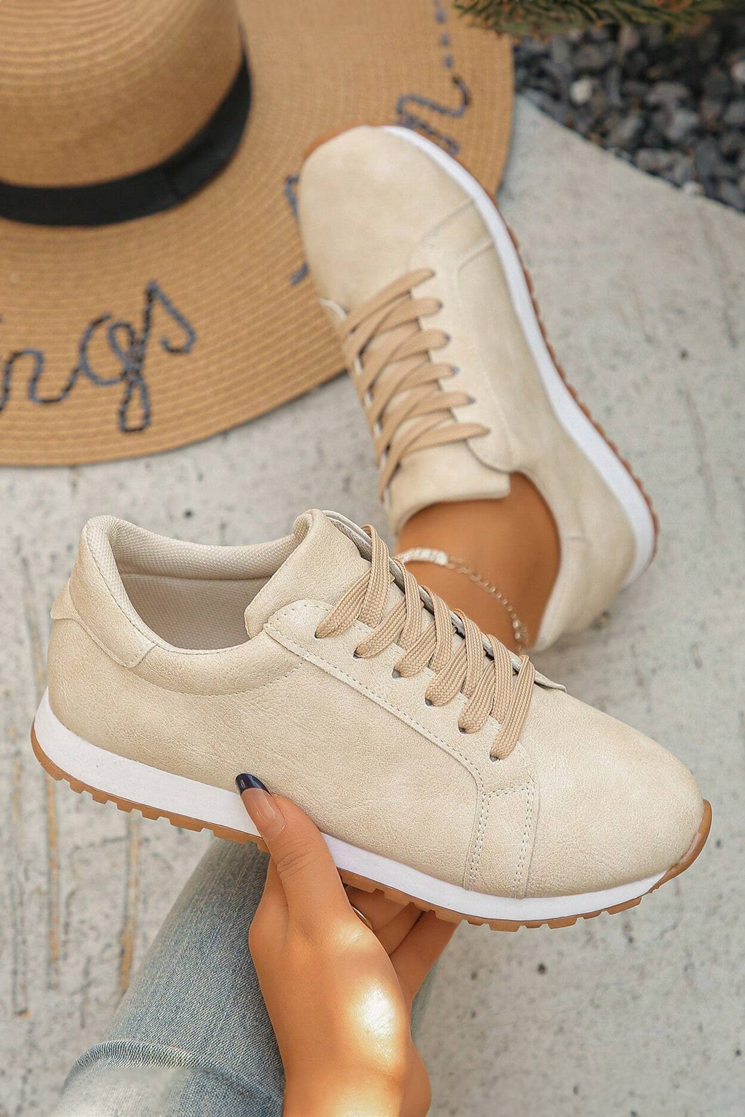Beige Solid Color Faux Suede Lace-up Sneakers