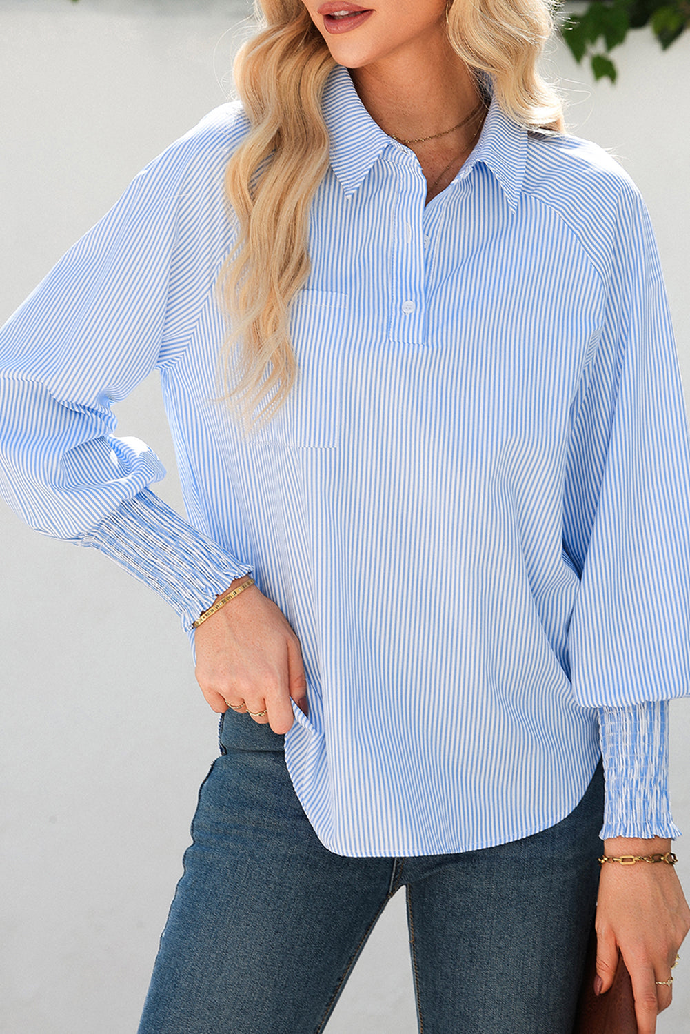 Sky Blue Stripe Pinstripe Long Sleeve Smocked Cuffs Button Shirt Collar Blouse