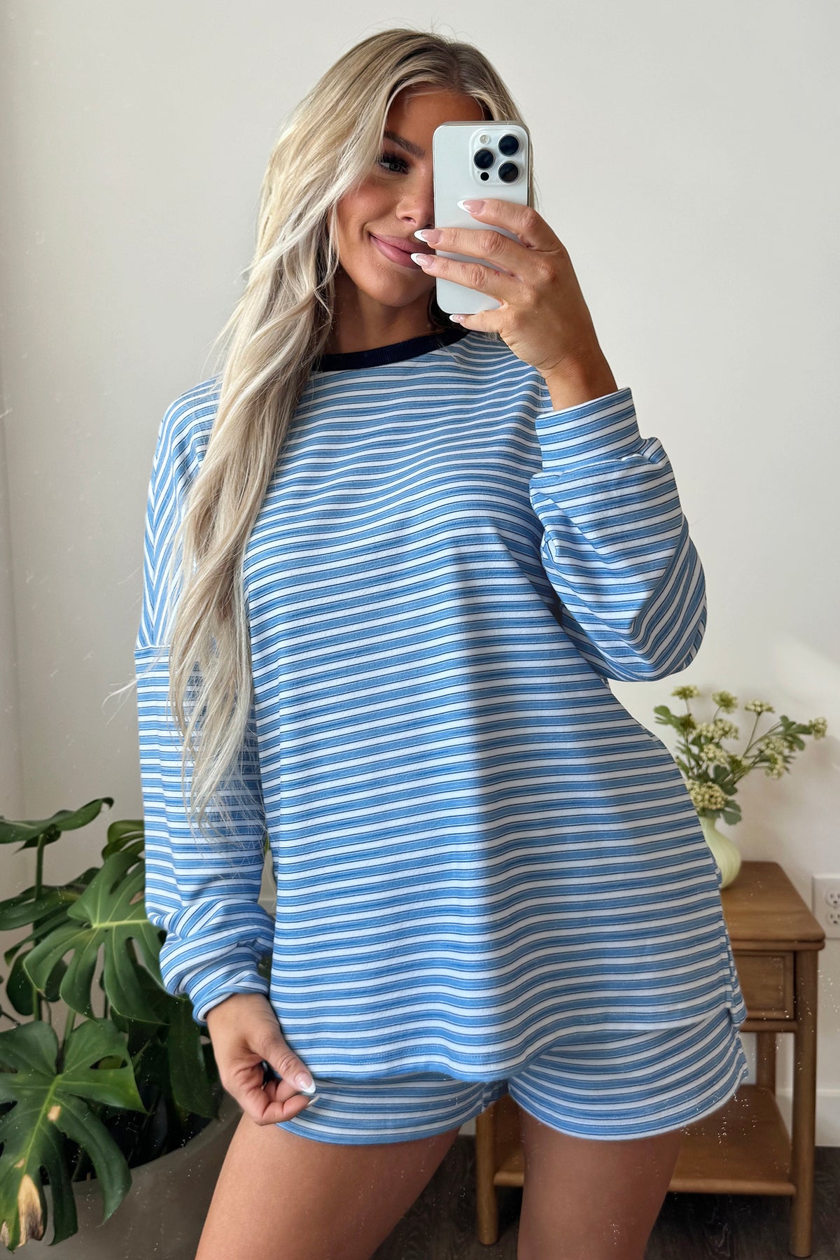 Sky Blue Stripe Long Sleeve Oversized Top Pocketed Casual Shorts Two Piece Set