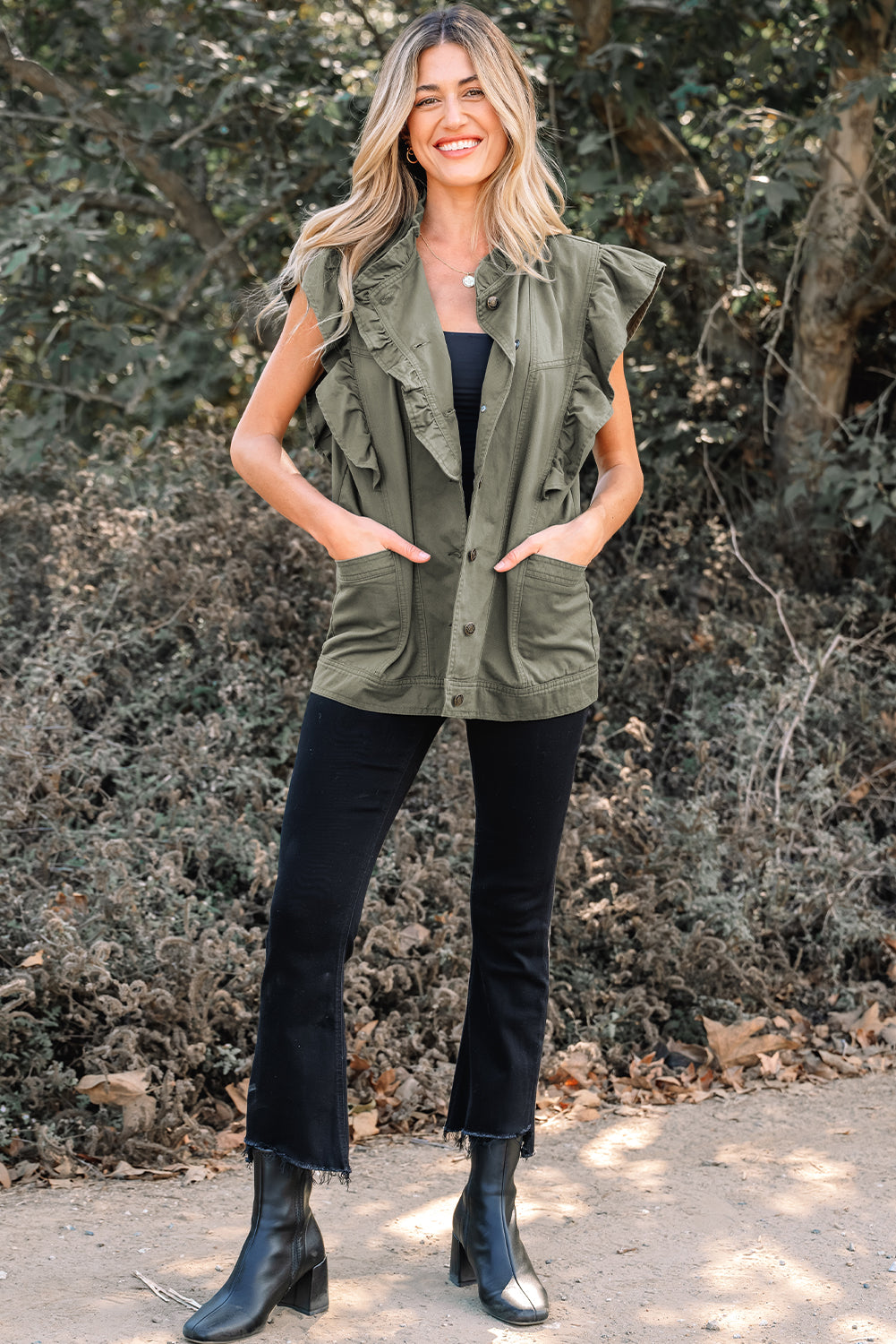 Green Bay Ruffled Patchwork Denim Jacket Vest