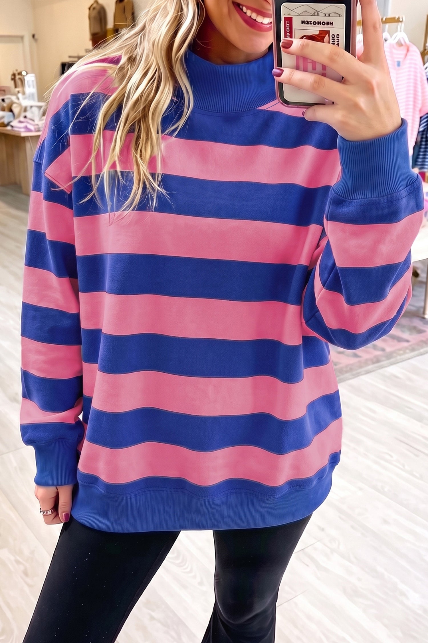 Rose Stripe Colorblock Mock Neck Relaxed Sweatshirt