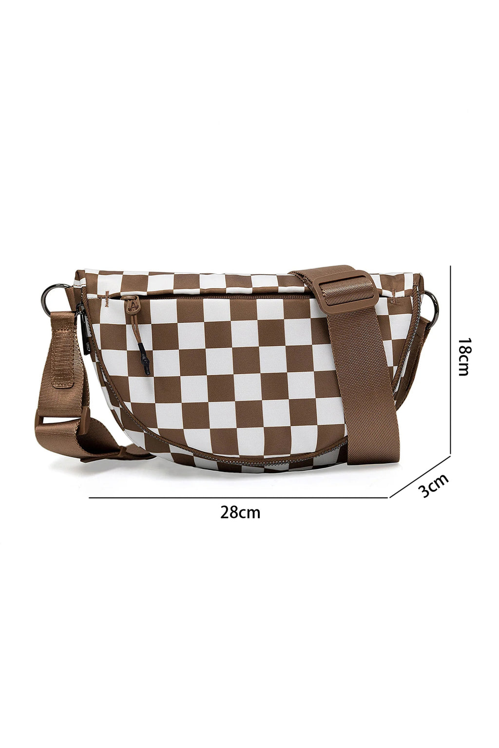 Coffee Checkered Canvas Crescent Shoulder Bag