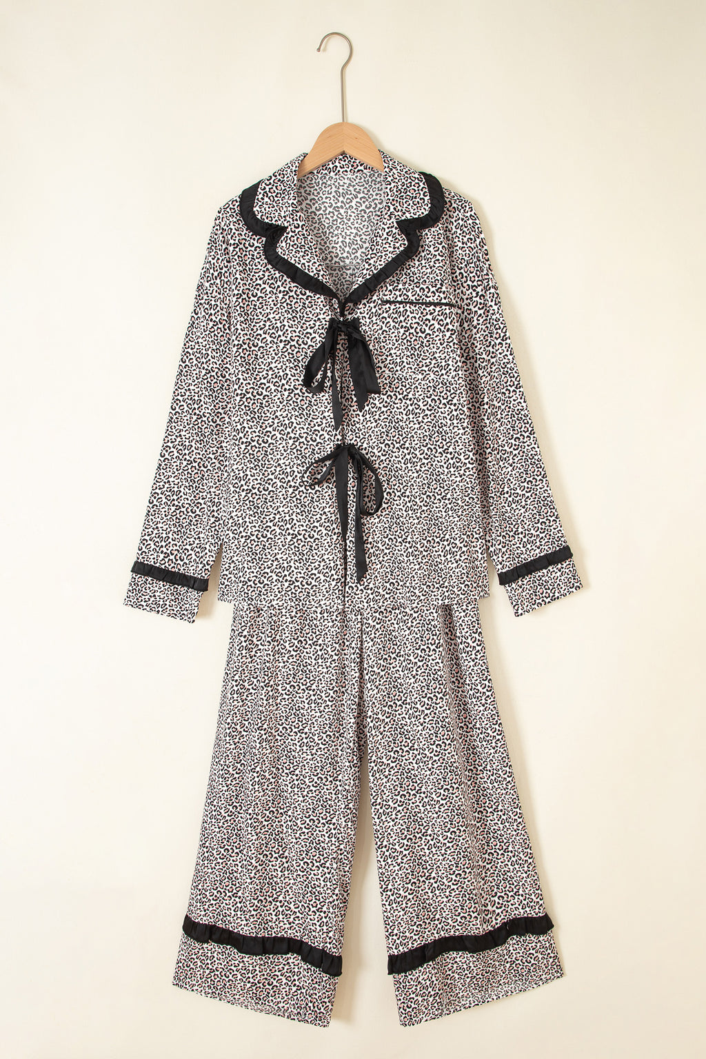Brown Leopard Print Bow Knot Patchwork Long Sleeve Lounge Set