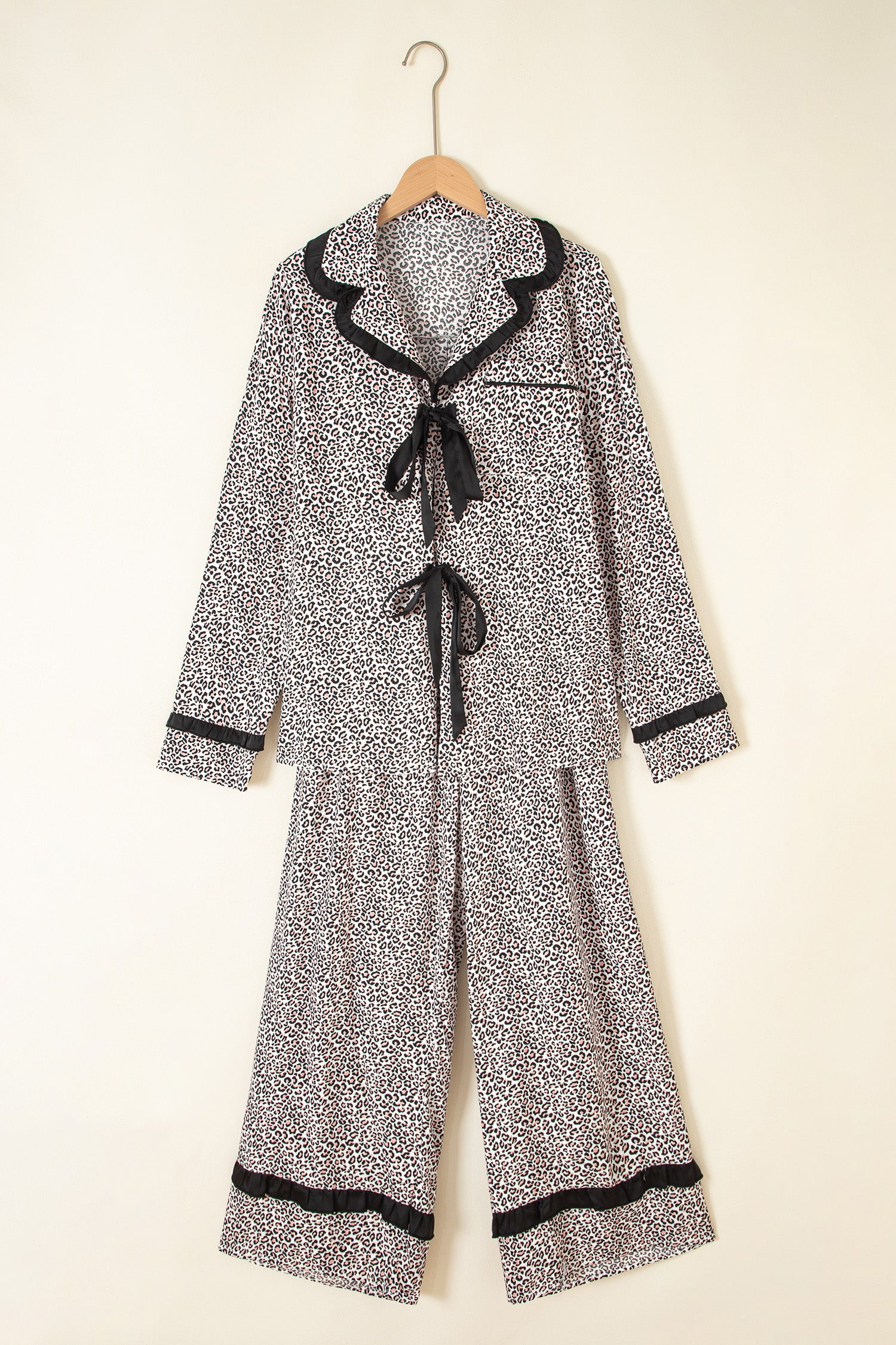 Brown Leopard Print Bow Knot Patchwork Long Sleeve Lounge Set