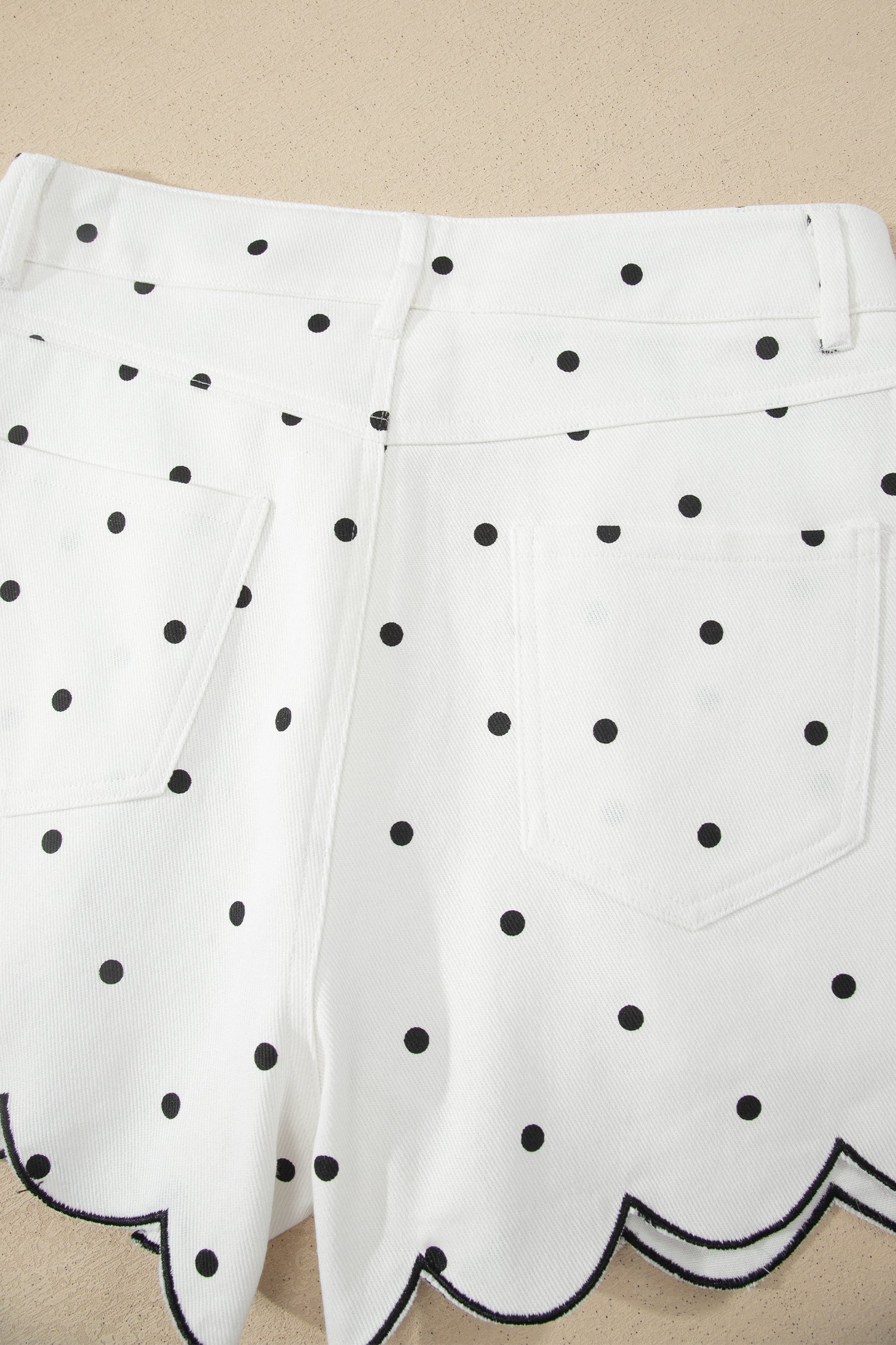 White Polka Dot Print Embroidered Scallop Hem Shorts