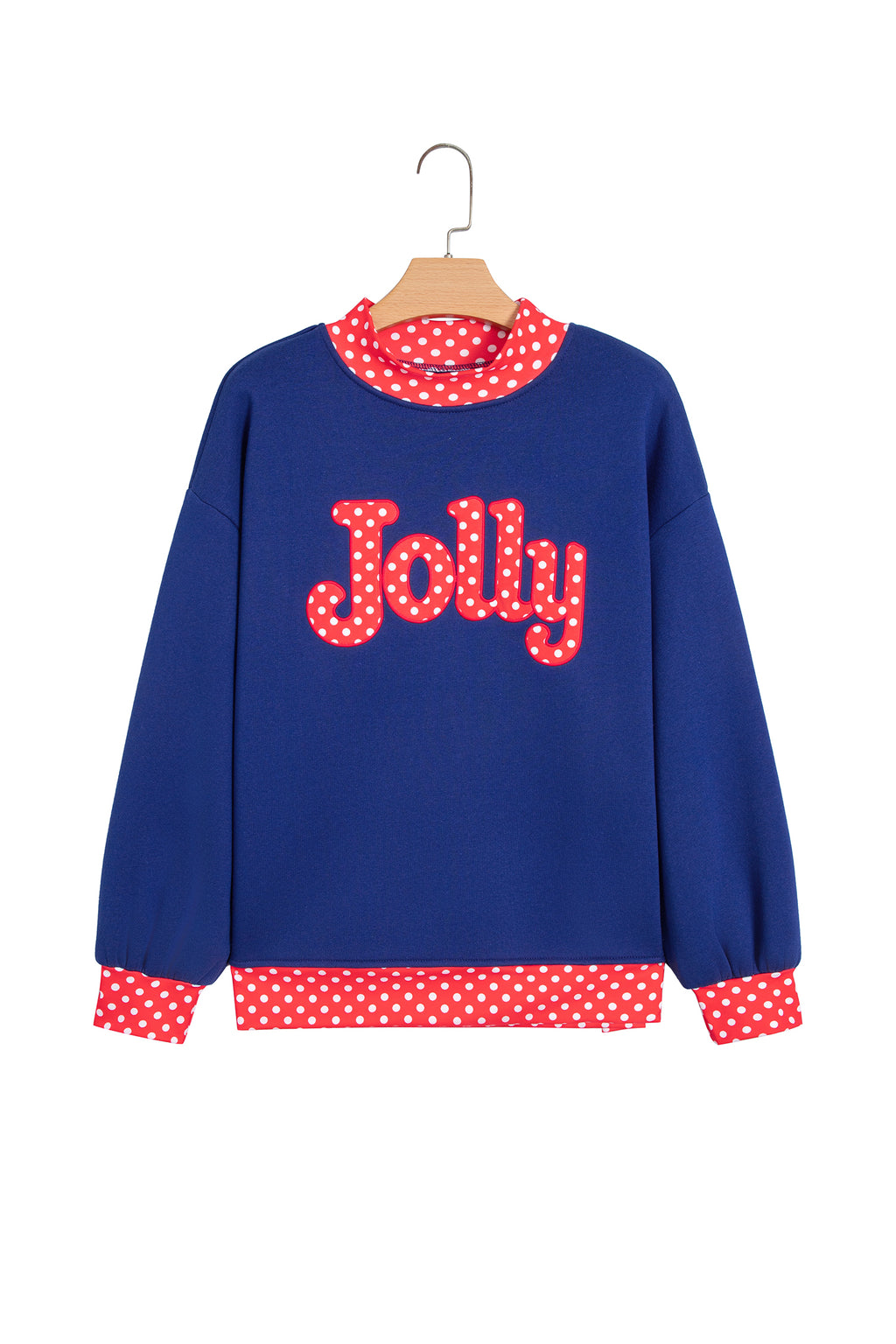 Tomato Red Polka Dot Letter Print Contrast Trim Mock Neck Sweatshirt