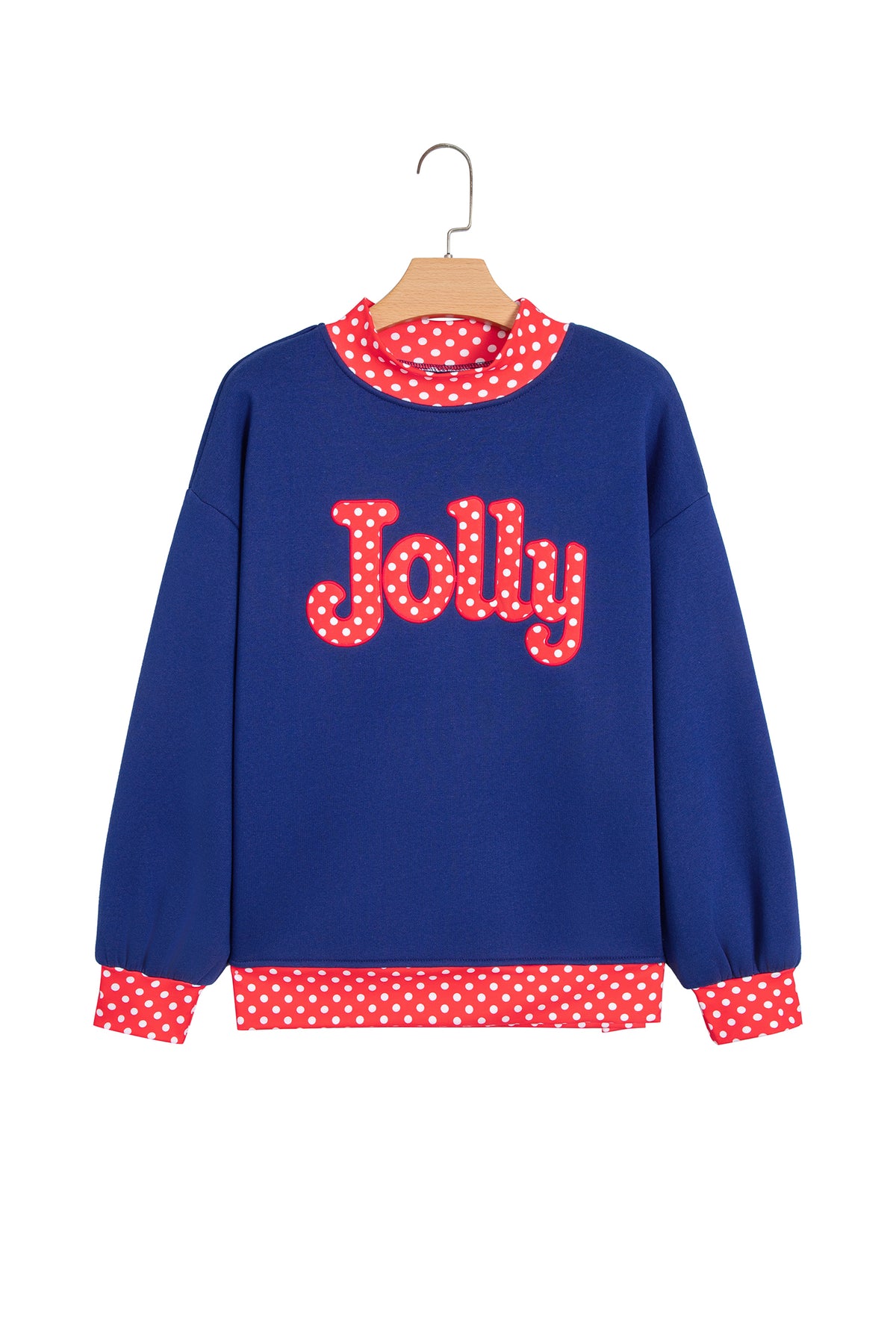 Tomato Red Polka Dot Letter Print Contrast Trim Mock Neck Sweatshirt