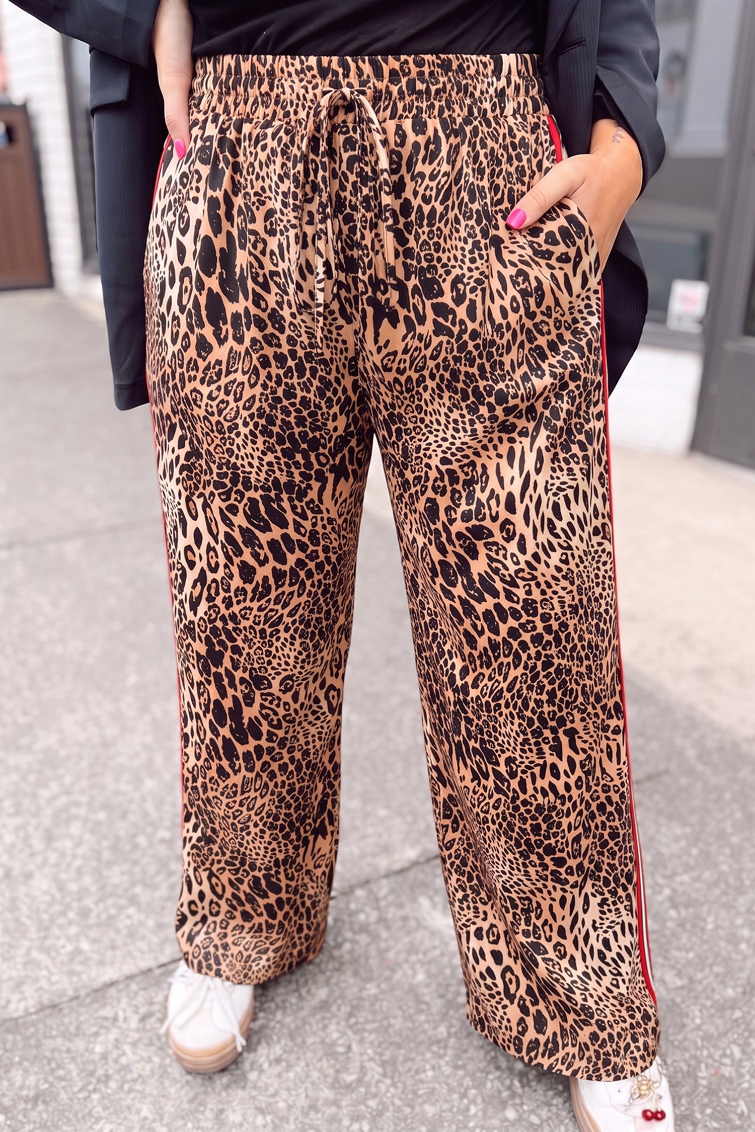 Khaki Leopard Print Colorblock Side Stripes Wide Leg Full Length Plus Size Pants