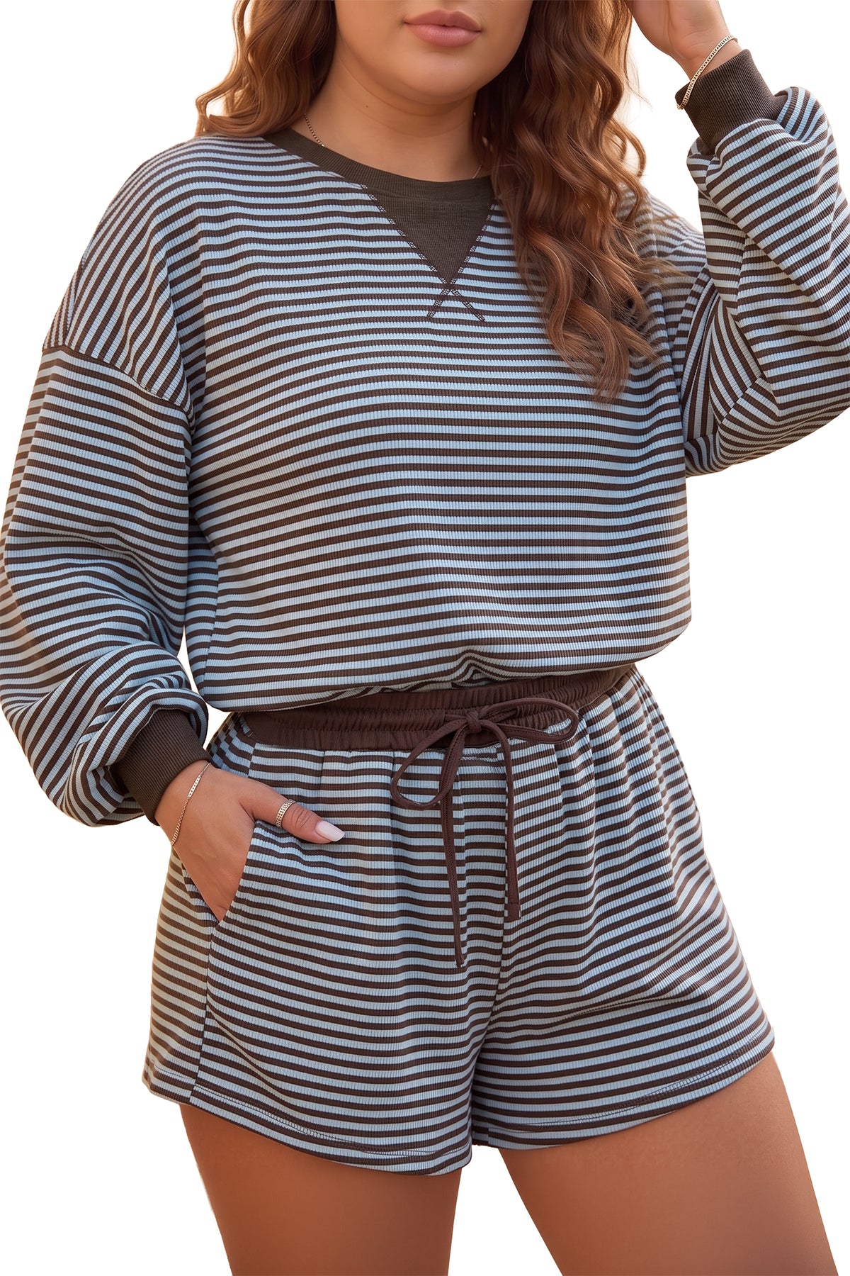 Brown Stripe Ribbed Colorblock Detail Long Sleeve Top and Shorts Plus Size Outfit