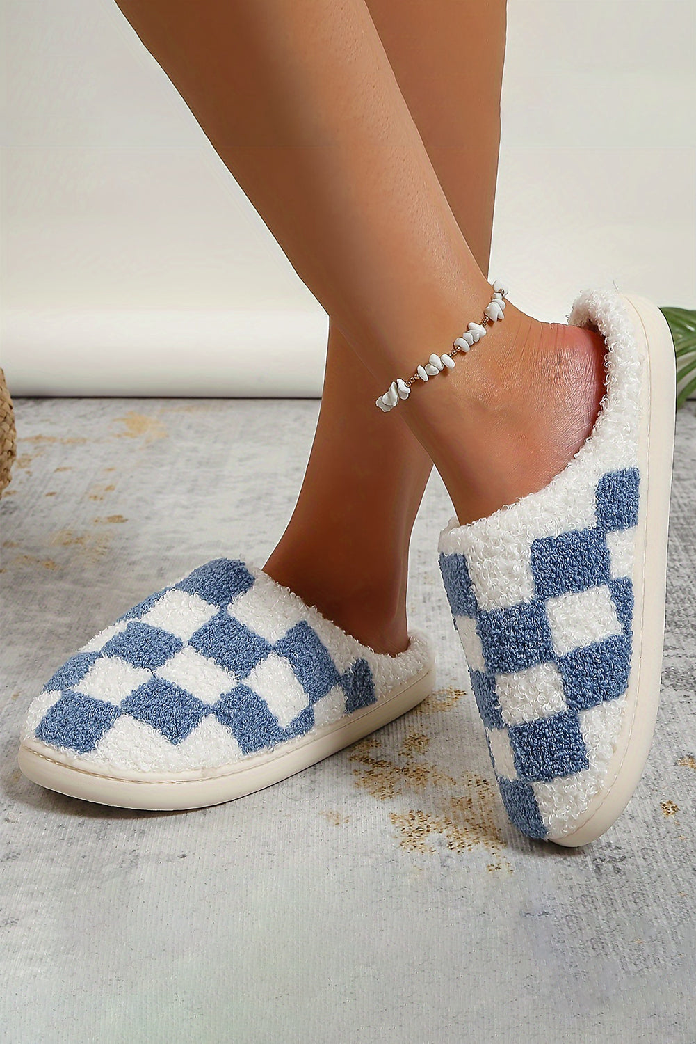 Fiery Red Checkered Print Fuzzy Slip On Winter Slippers