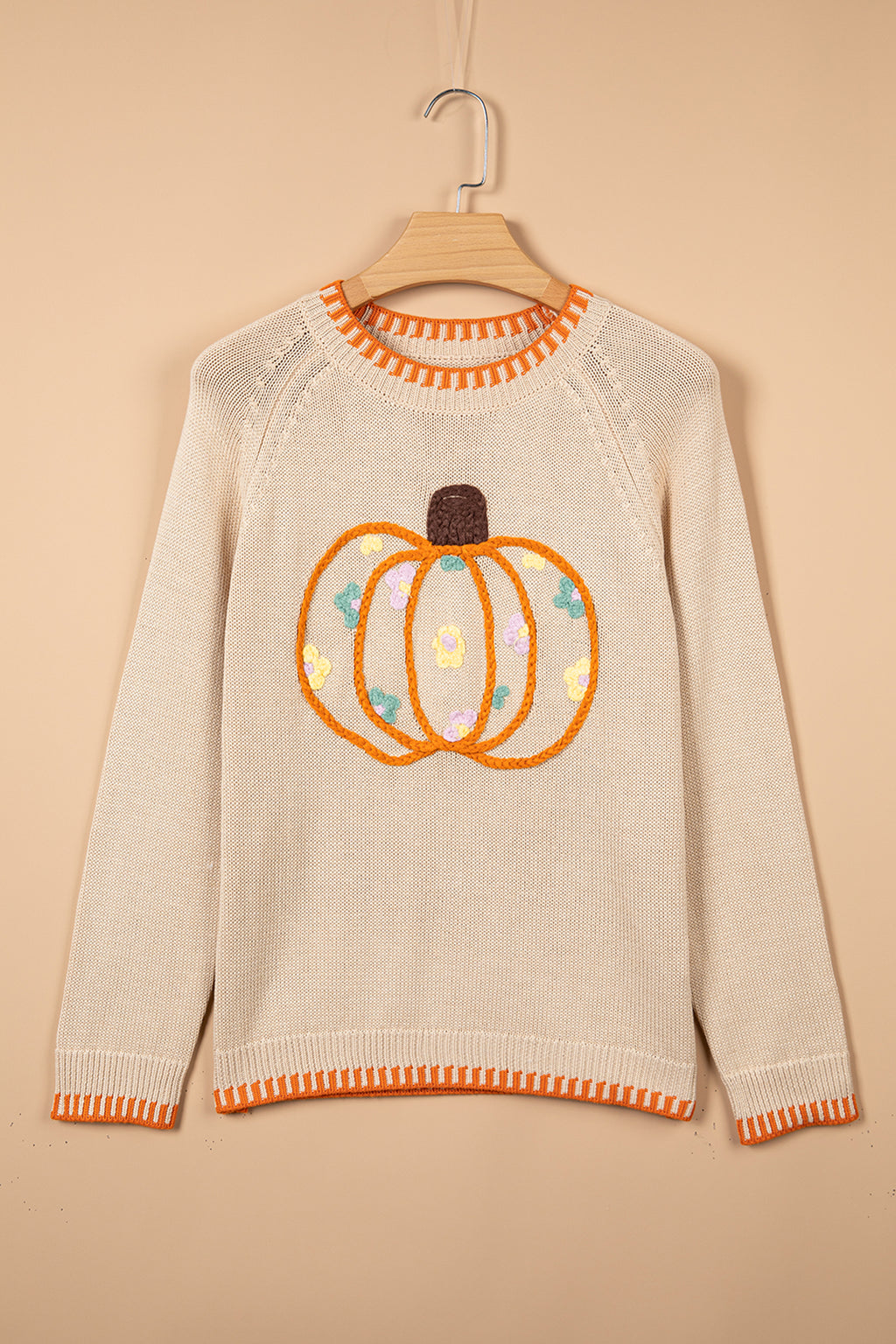Parchment Floral Embroidery Pumpkin Long Sleeve Round Neck Sweater