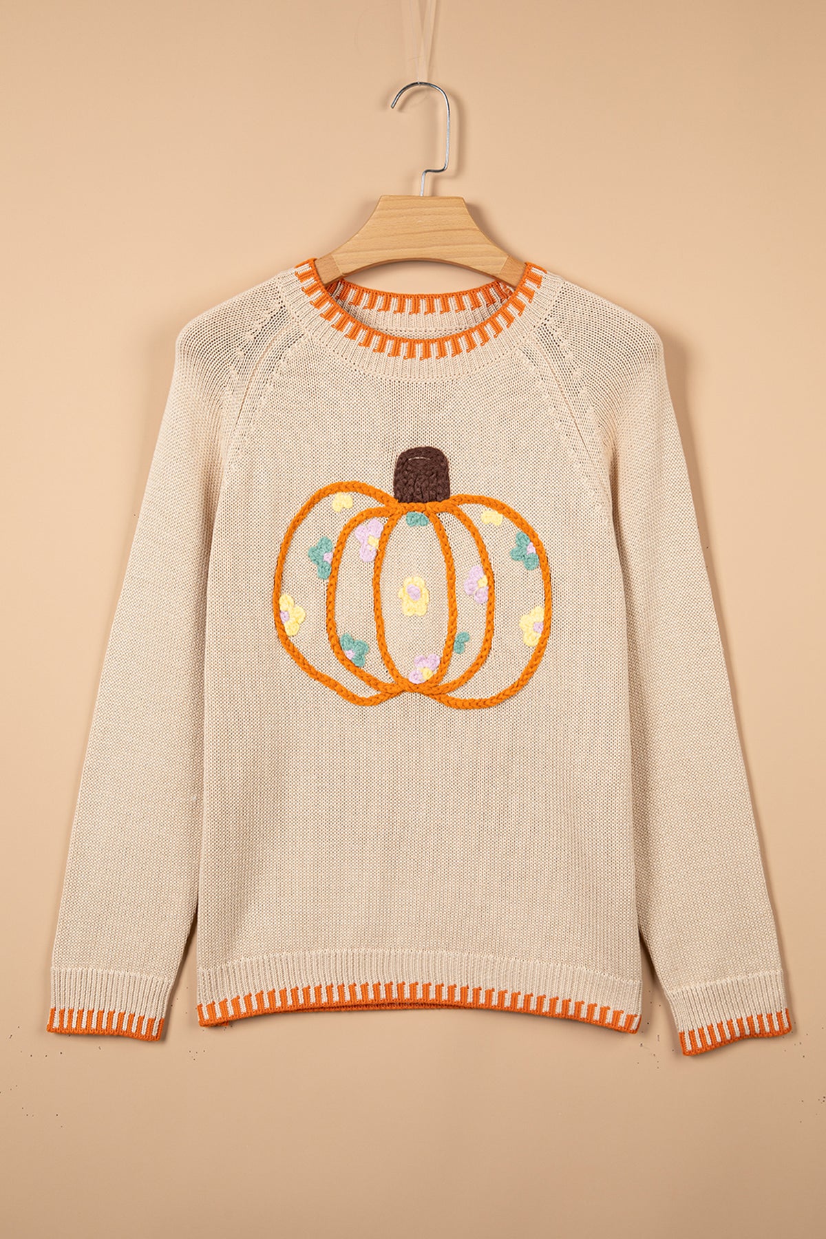 Parchment Floral Embroidery Pumpkin Long Sleeve Round Neck Sweater