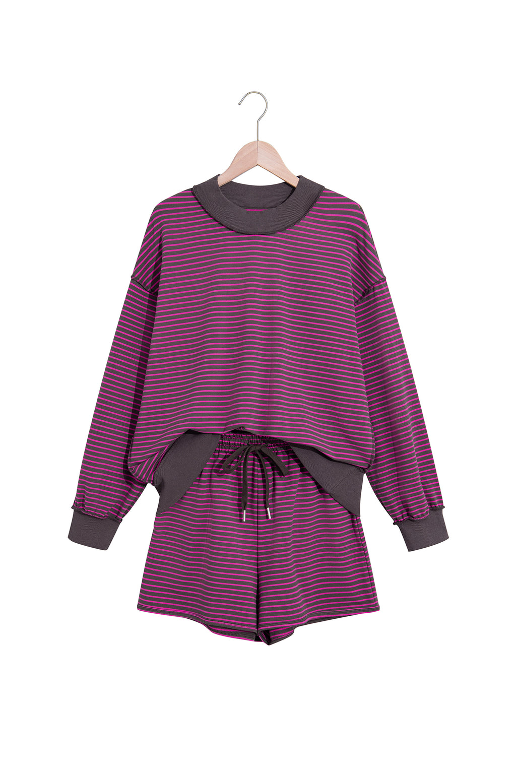Brown Ribbed Patchwork Mock Neck Baggy Pullover Matching Shorts Set