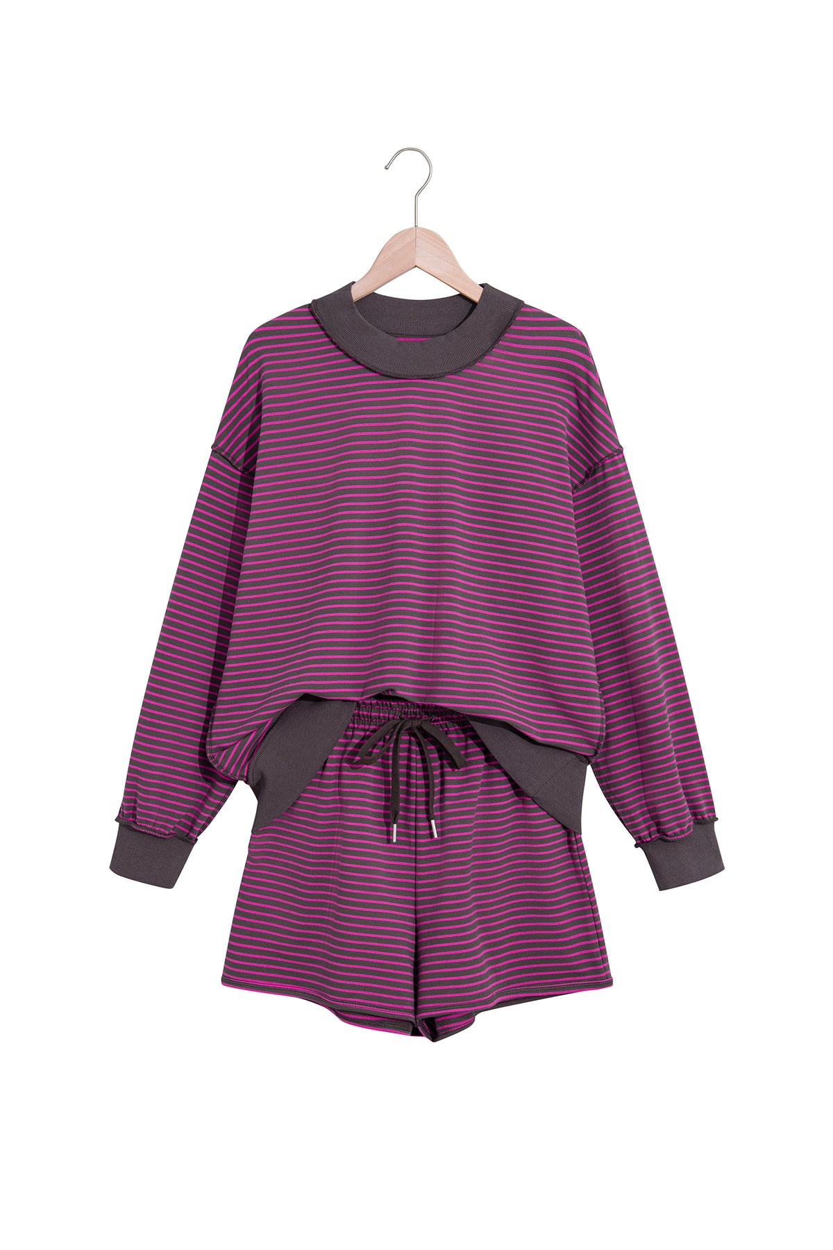 Brown Ribbed Patchwork Mock Neck Baggy Pullover Matching Shorts Set