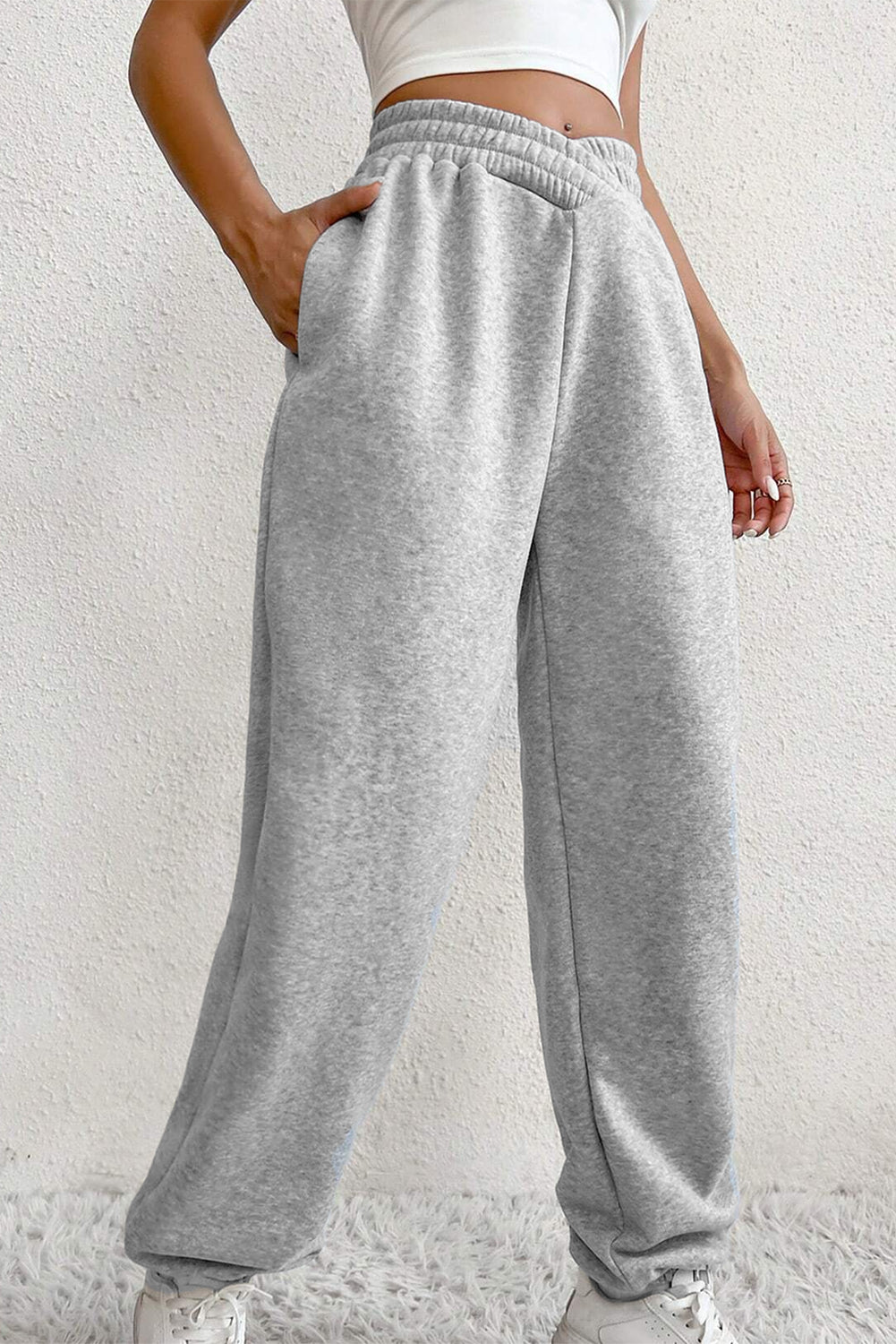 Light Grey Solid Color Crisscross Elastic Waist Sweatpants