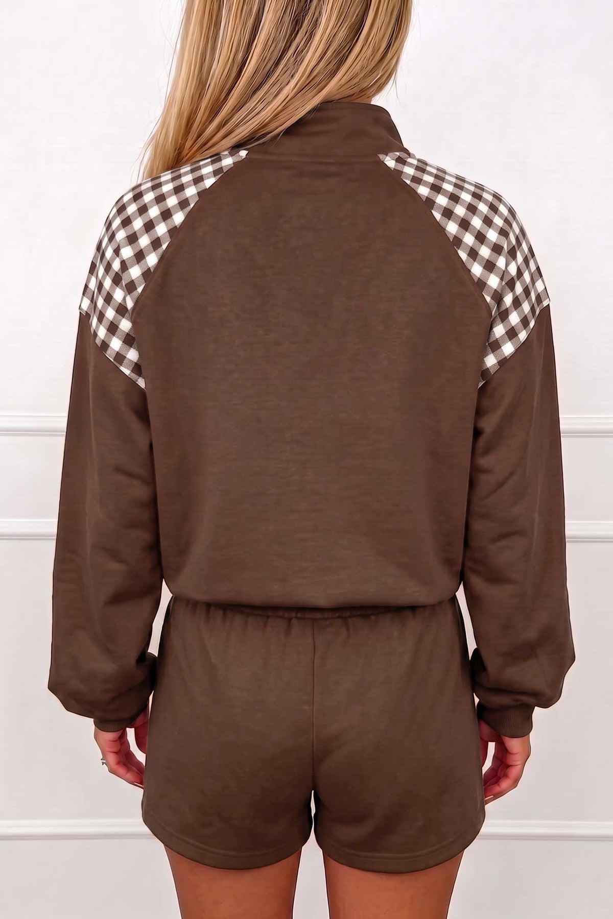Coffee Plaid Patchwork Half Zip Pullover Drawstring Short Set