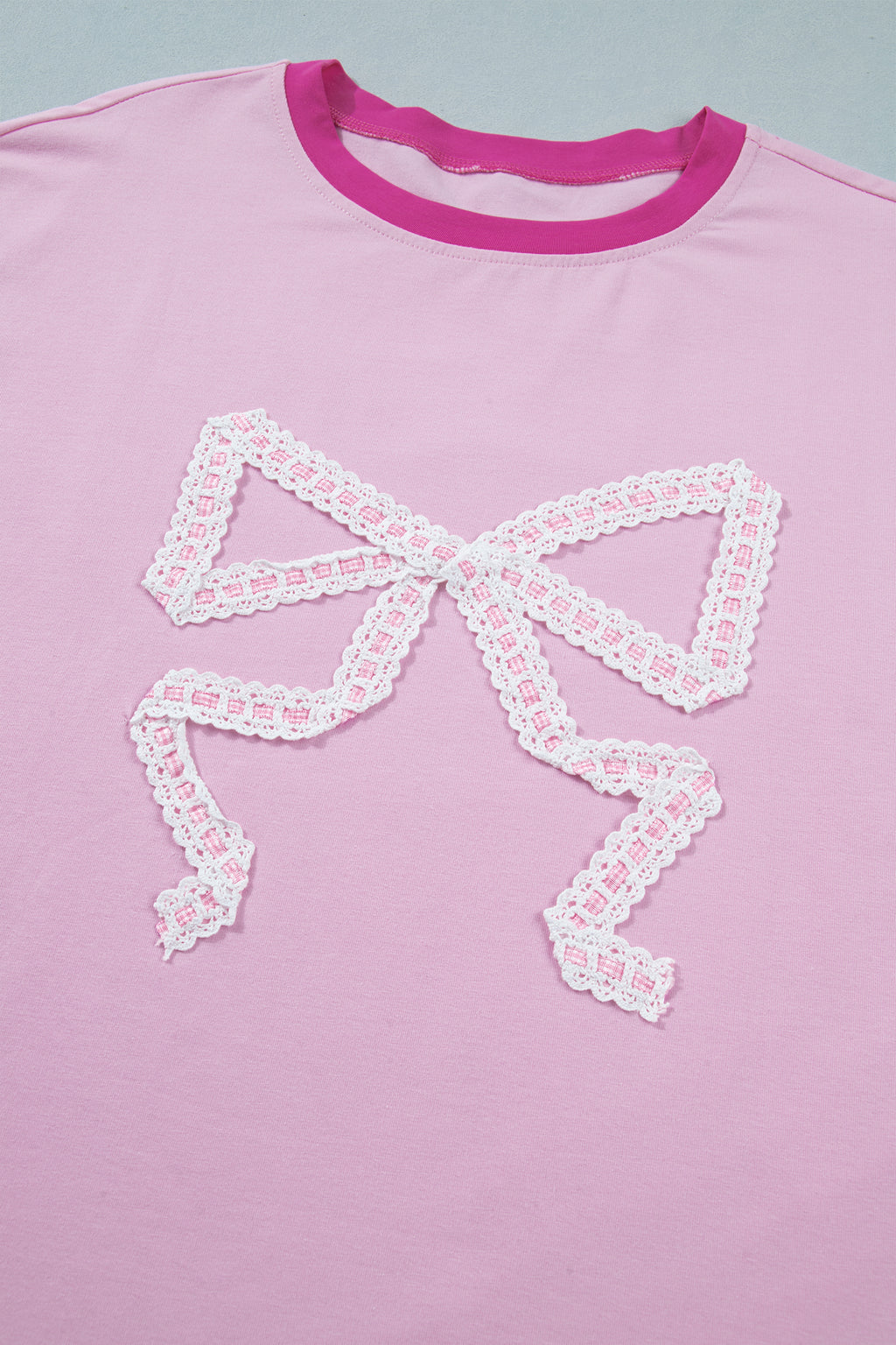 Gossamer Pink Embroidered Bow Detail Color Block Loose Tee
