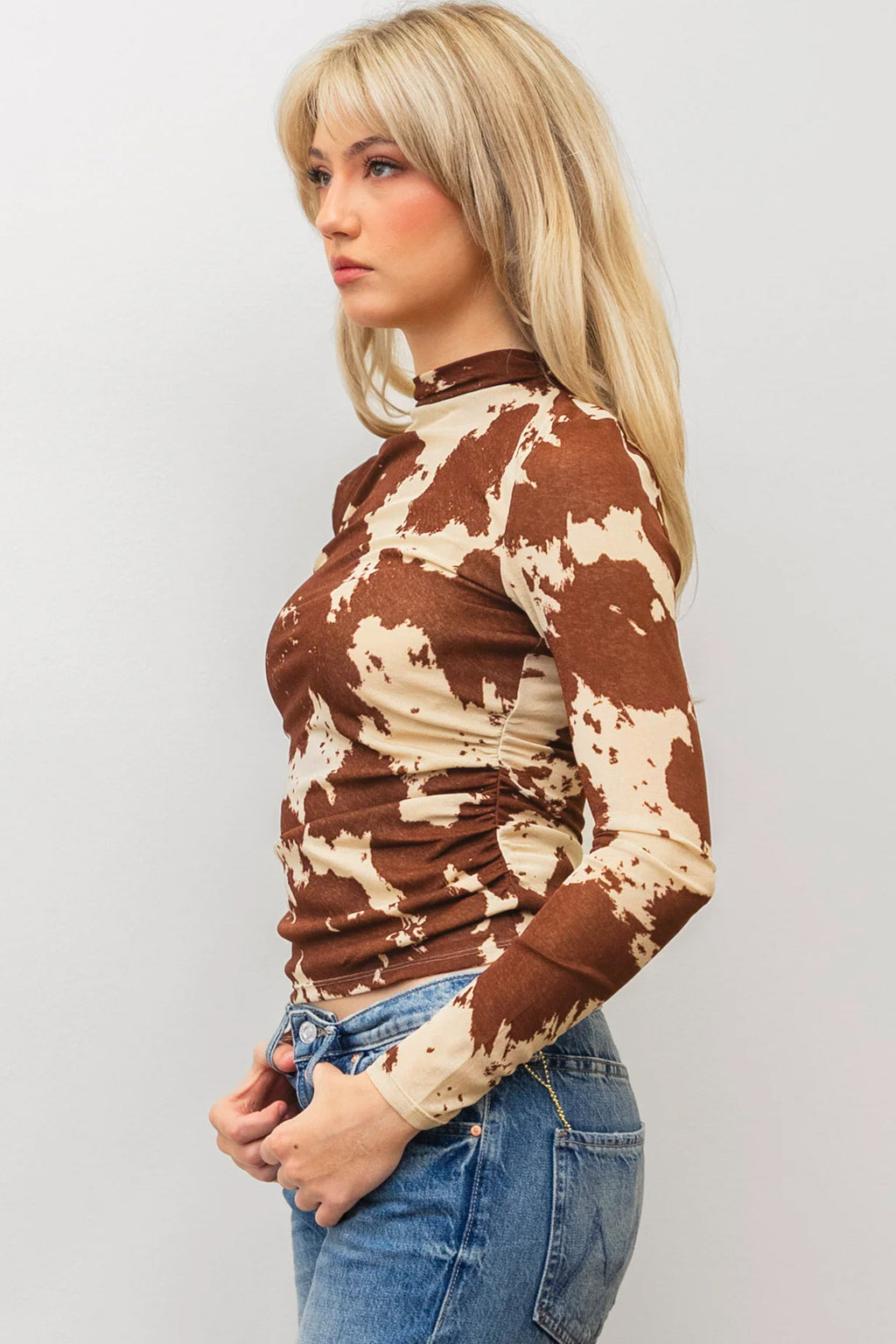 Brown Western Cow Spots Printed High Neck Sheath Long Sleeve Top