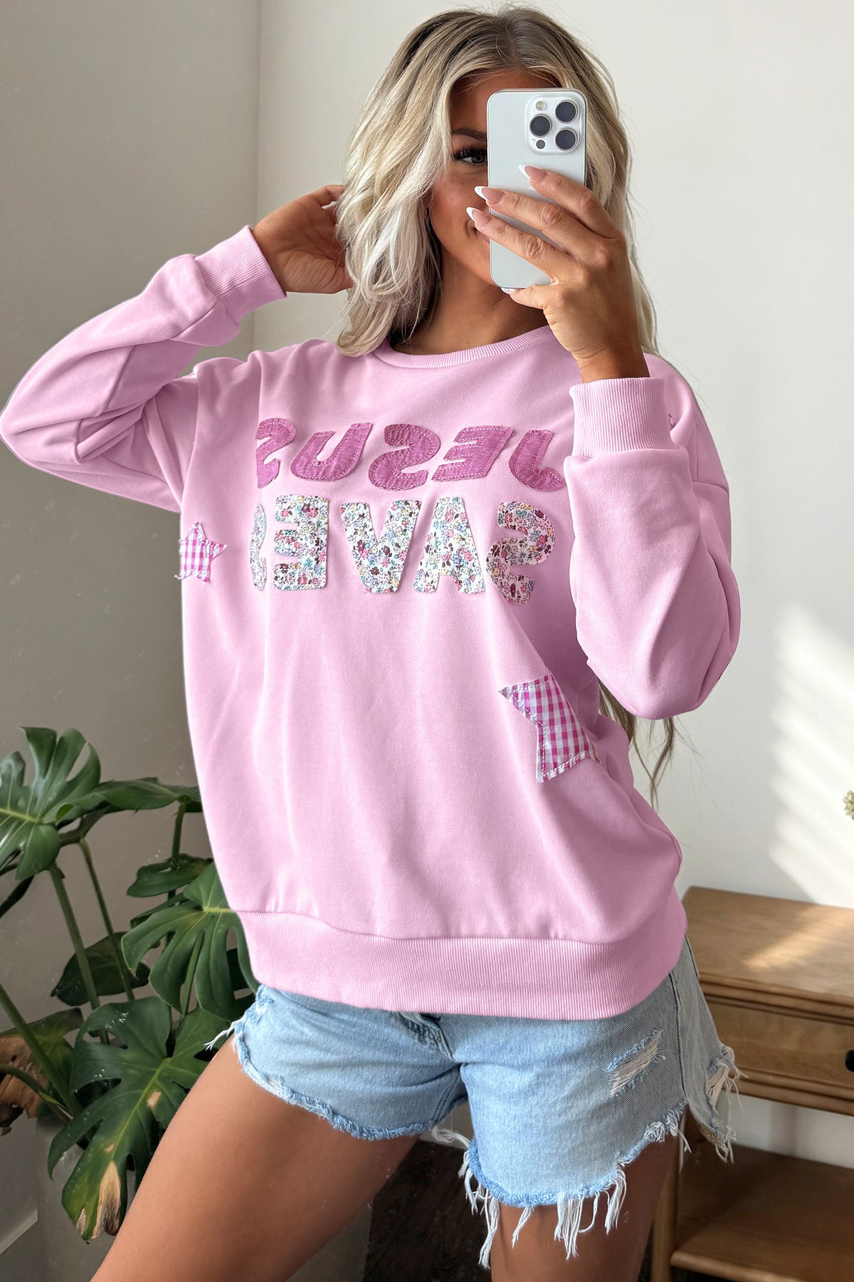 Pink Patchwork Stars Plaid Unique Floral Letters Baggy Sweatshirt