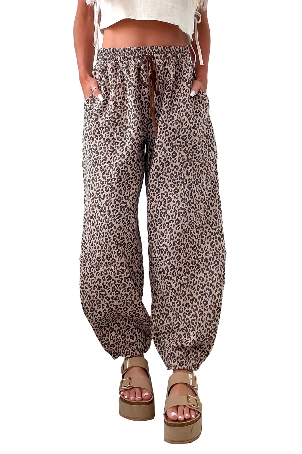 Khaki Leopard Print Elastic Waist Ankle Length Pants