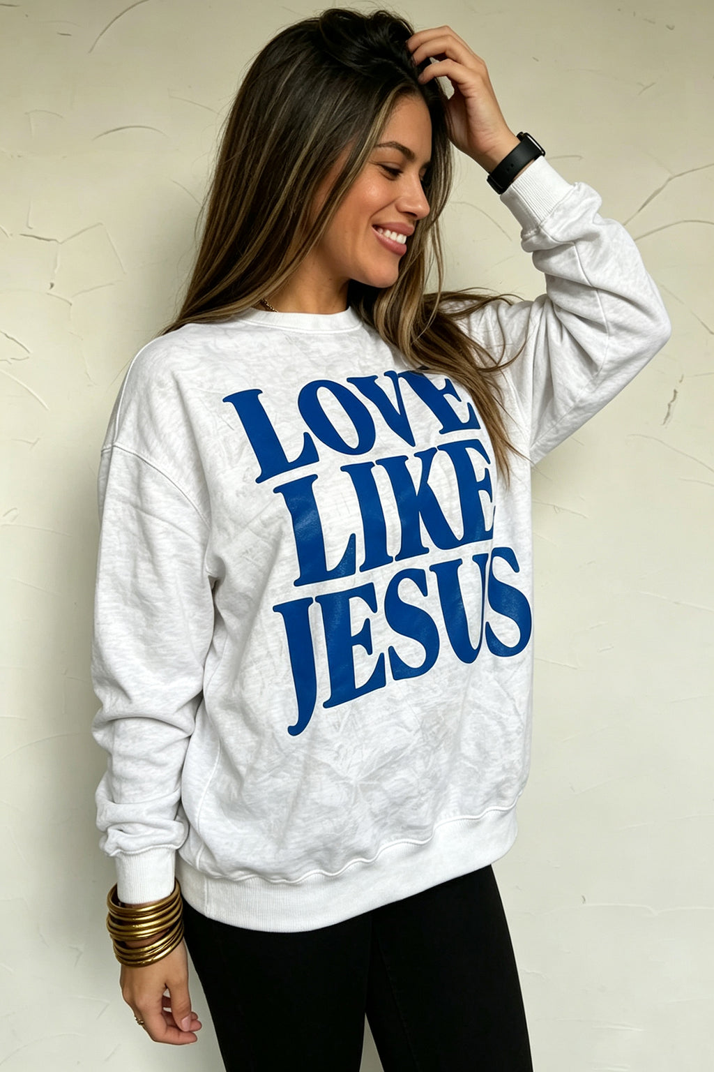 Gray LOVE LIKE JESUS Letter Print Round Neck Light Camo Pullover Sweatshirt