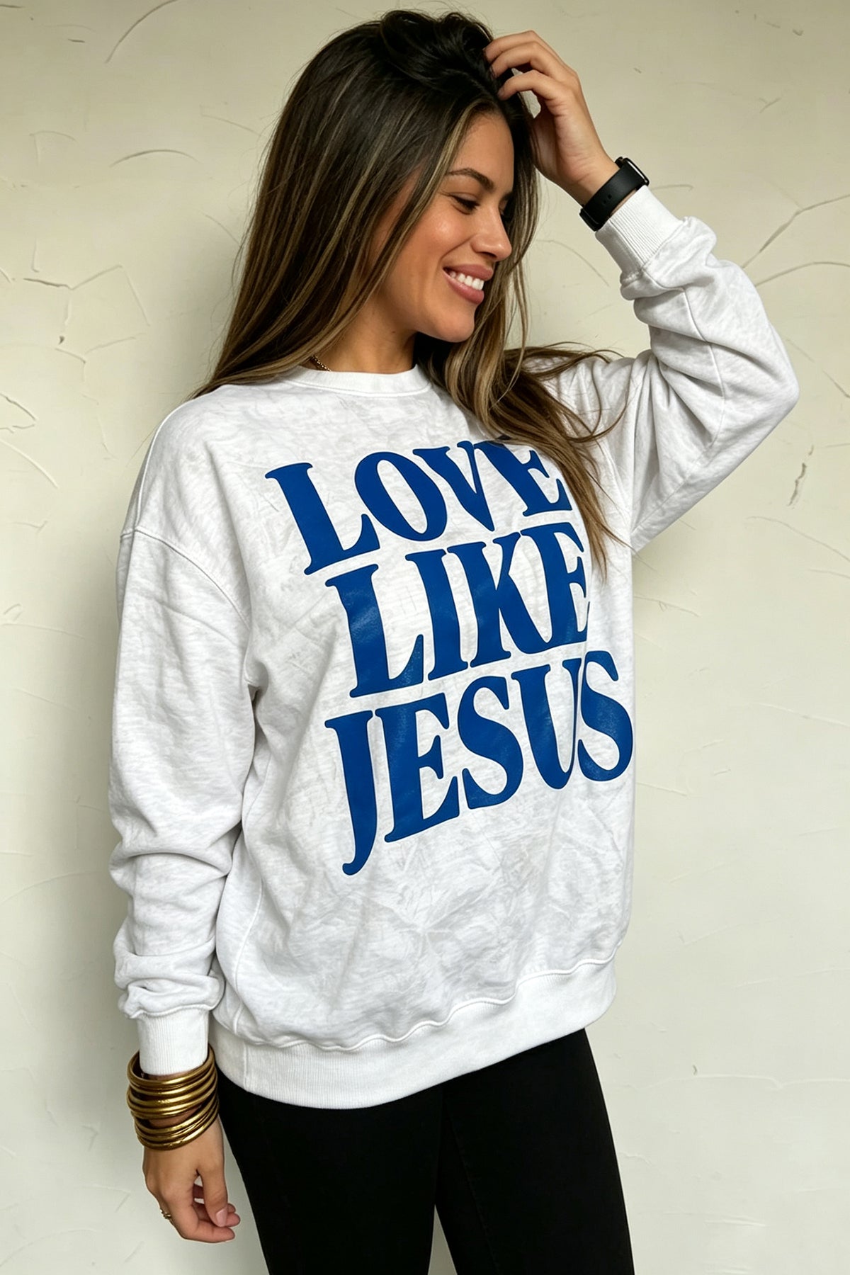 Gray LOVE LIKE JESUS Letter Print Round Neck Light Camo Pullover Sweatshirt