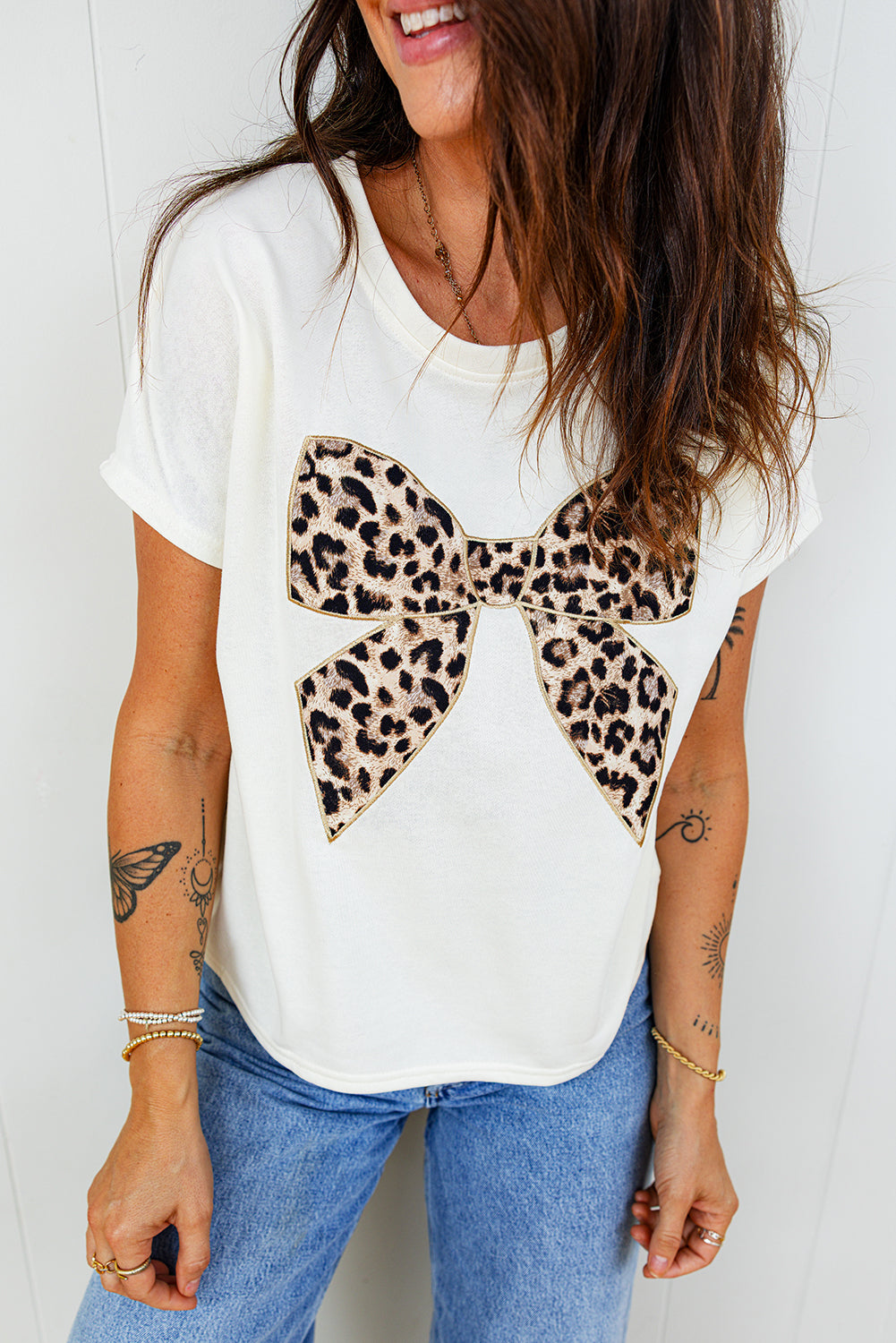White Leopard Bow Embroidered Cotton Round Neck T Shirt