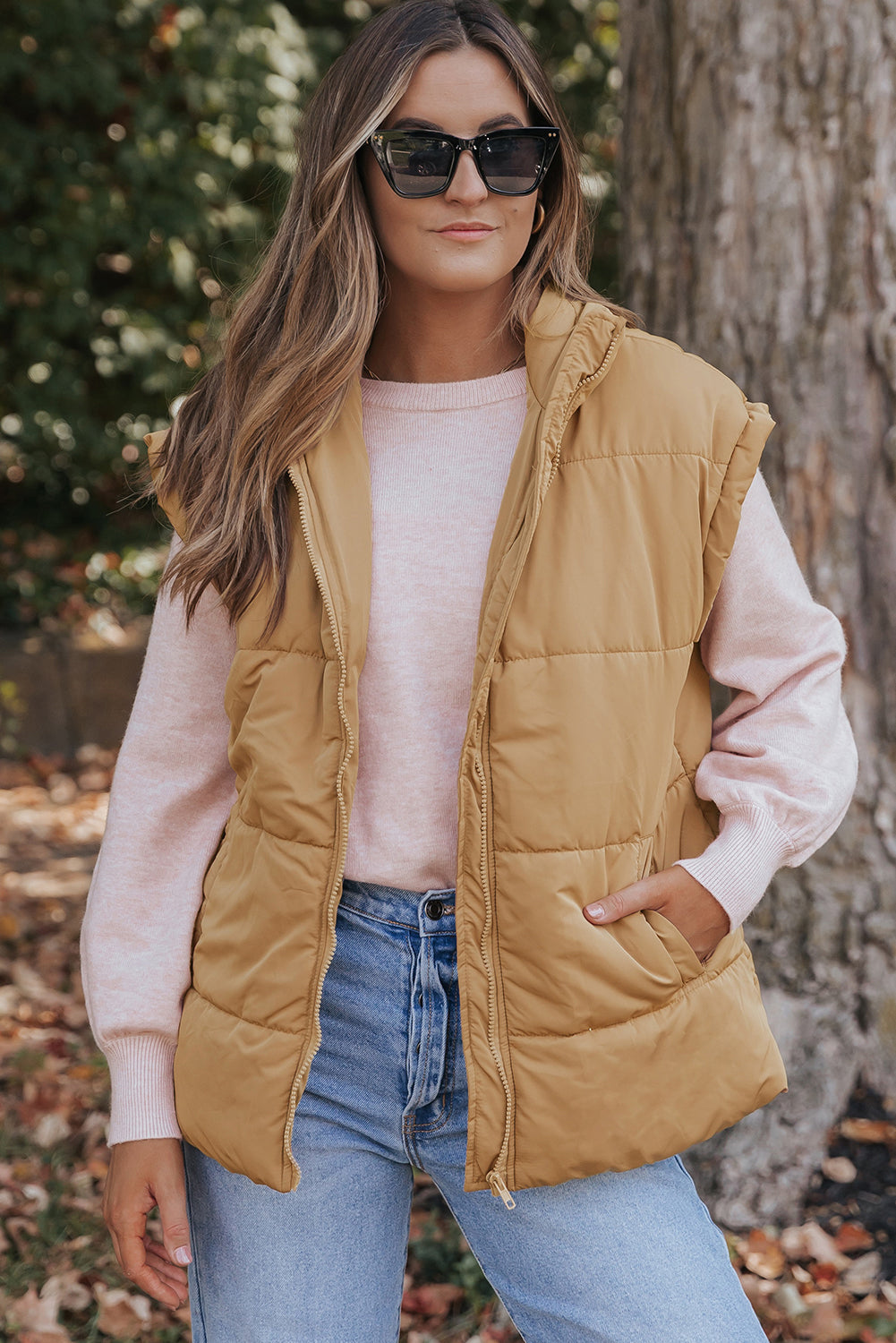 Khaki Oversized Stand Collar Zip Winter Vest