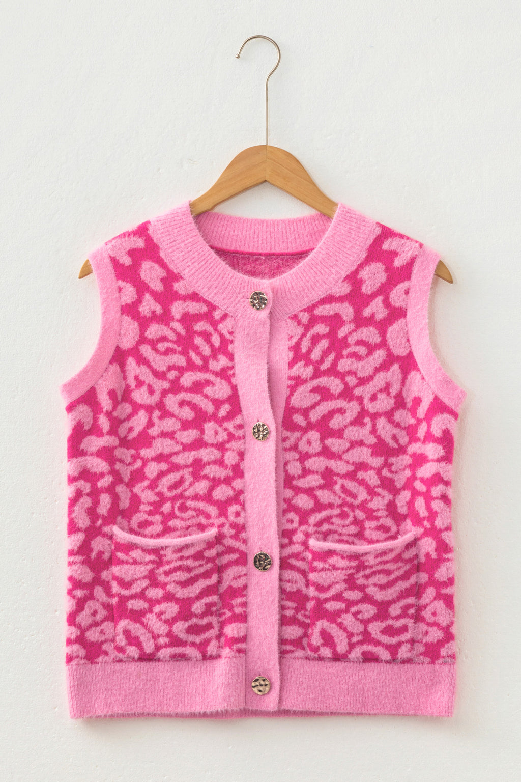 Pink Leopard Print Knit Sleeveless Regular Wash Sweater Vest