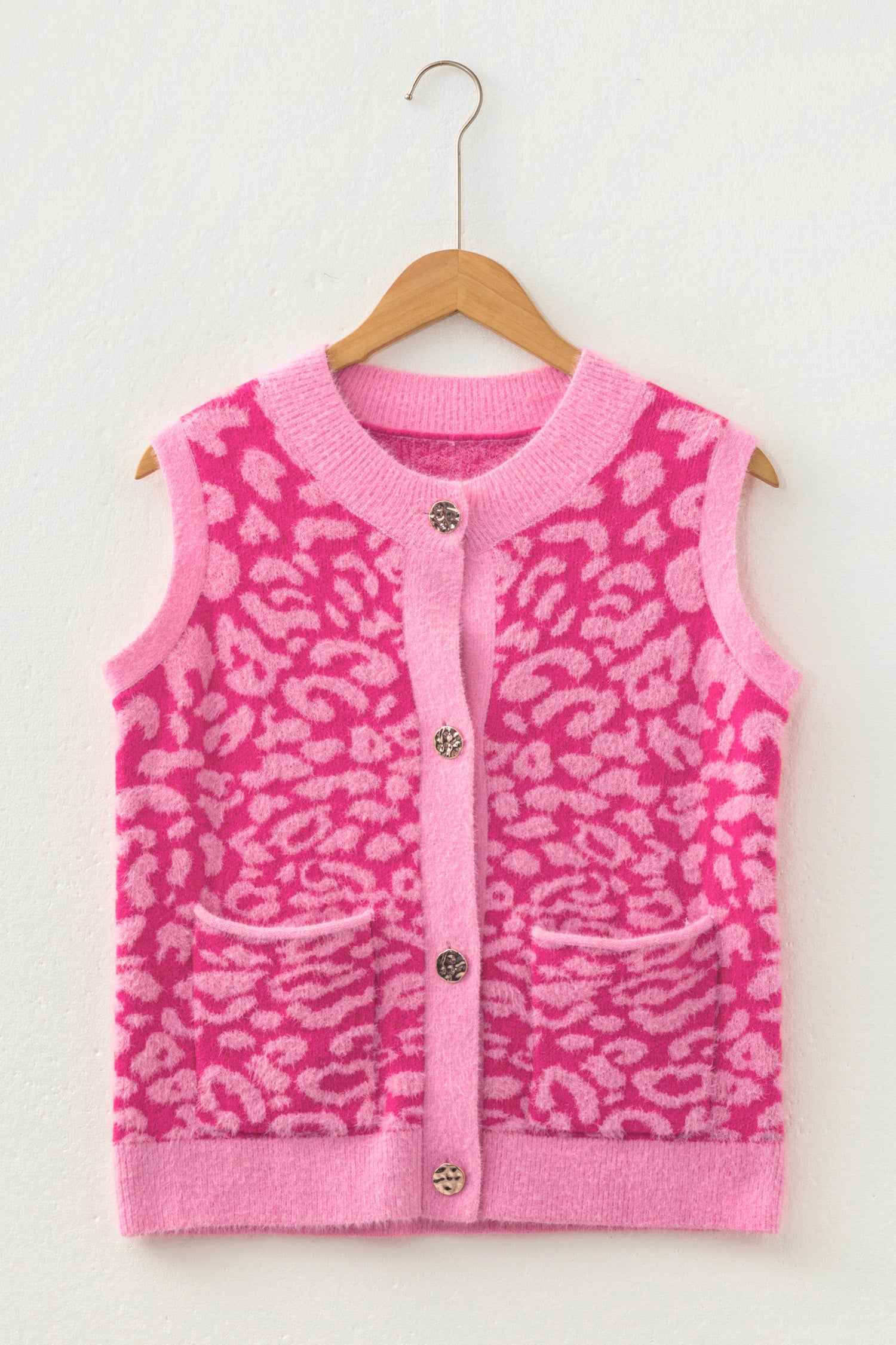 Pink Leopard Print Knit Sleeveless Regular Wash Sweater Vest