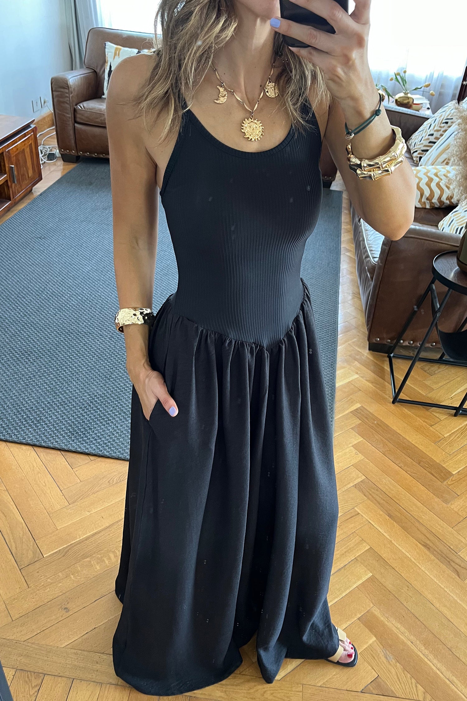 Black Spaghetti Straps Drop Waist Ribbed Patchwork Maxi Dress