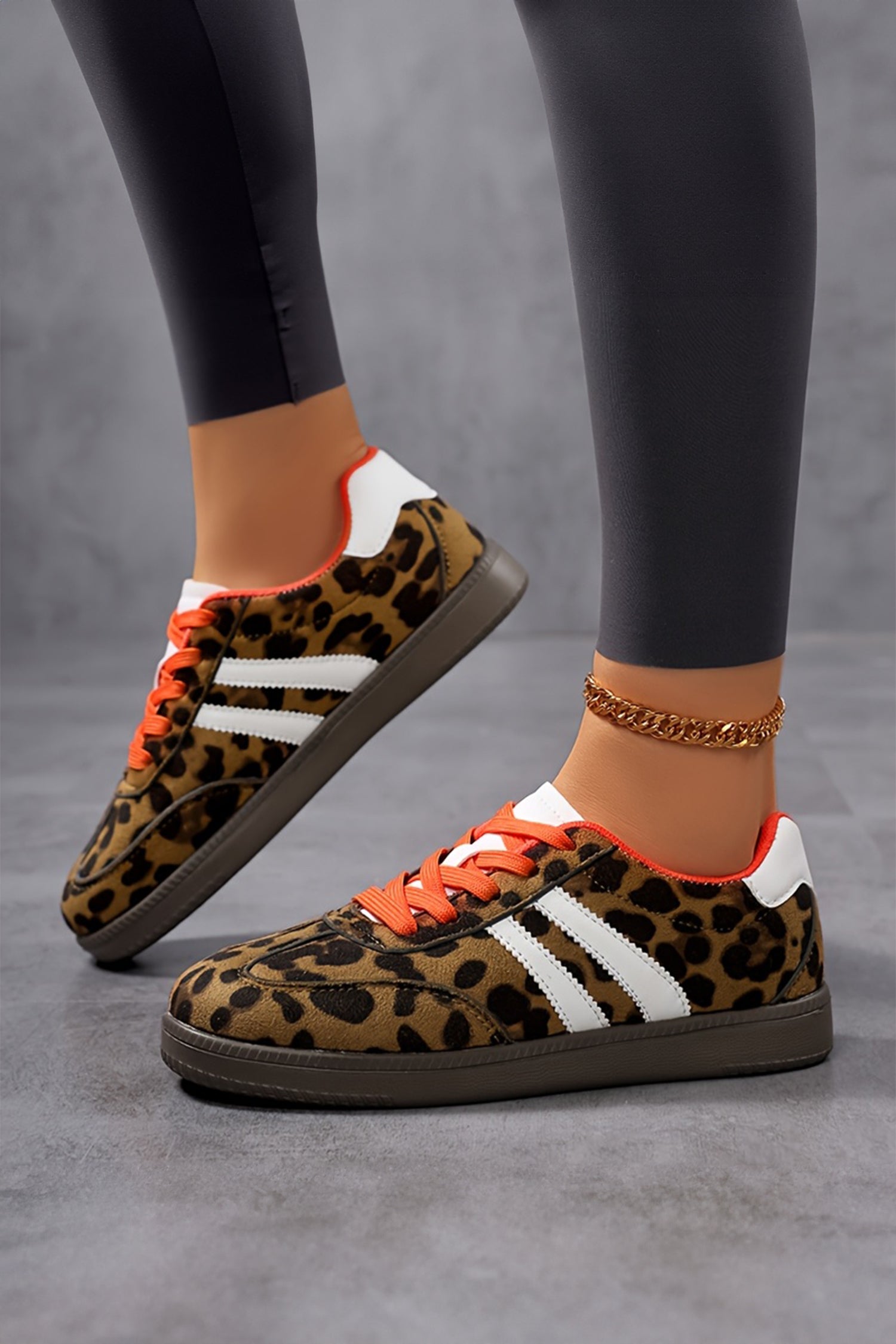 Coffee Leopard Faux Suede Color Block Detail Lace Up Sneakers