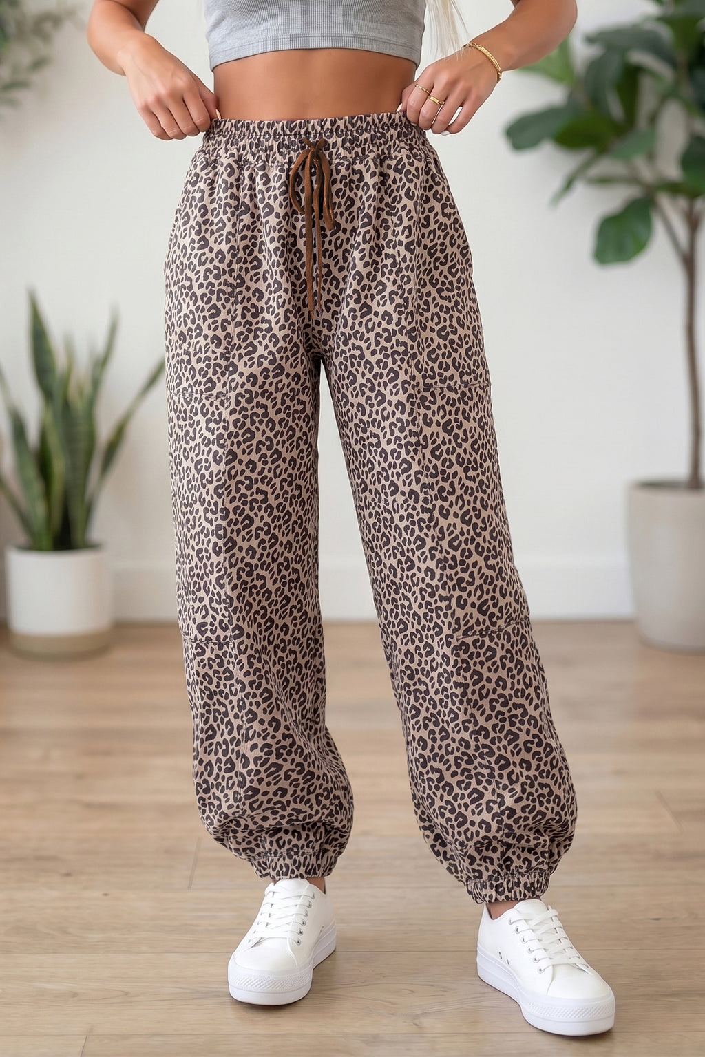 Khaki Leopard Print Elastic Waist Ankle Length Pants