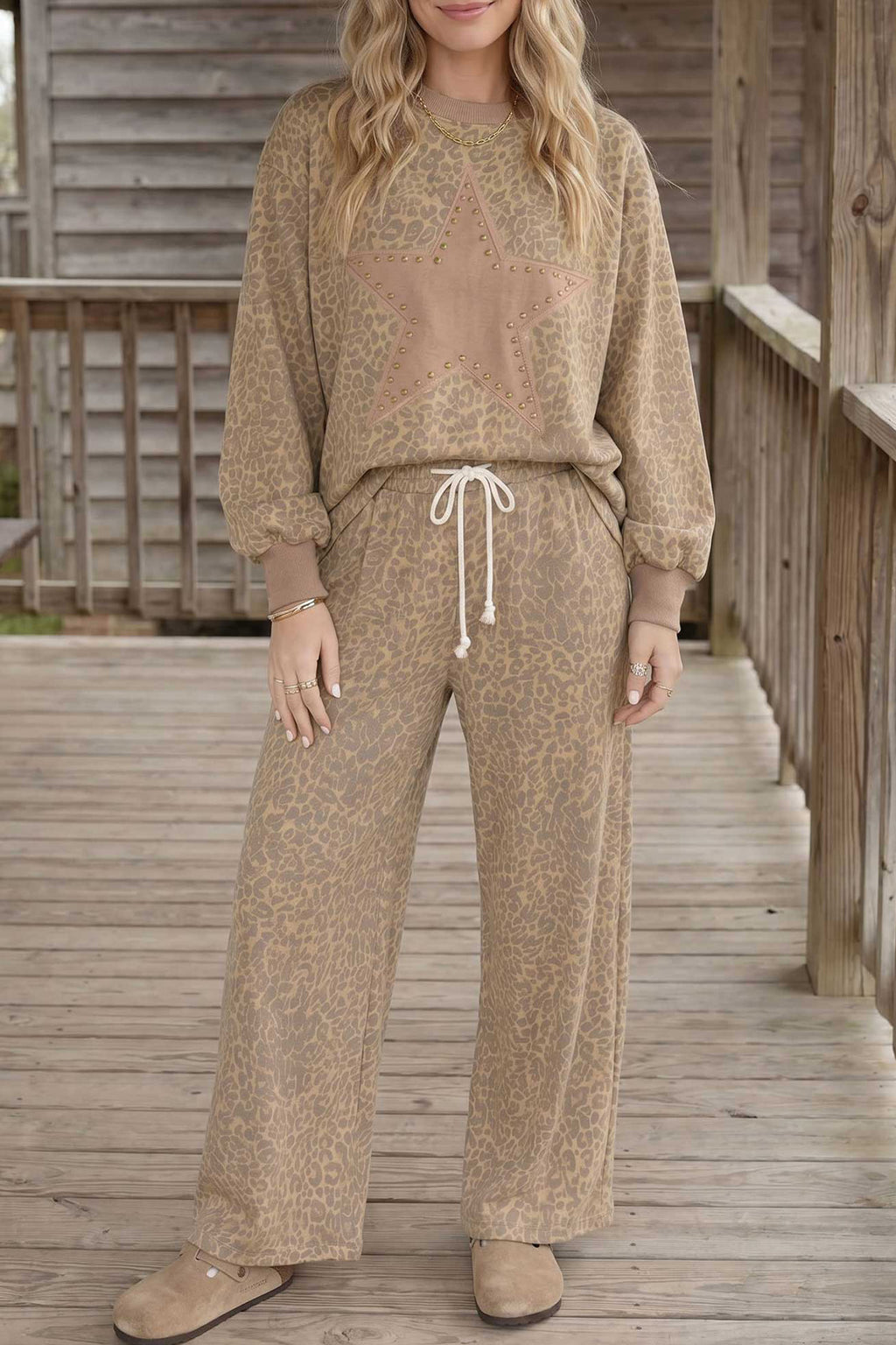 Khaki Leopard Star Print Long Sleeve Loose Casual Two Piece Pants Set