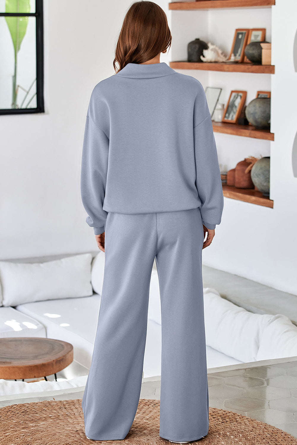 Dusk Blue Solid Color Cowl Neck Drawstring Pullover Wide Leg Athleisure Pants Set
