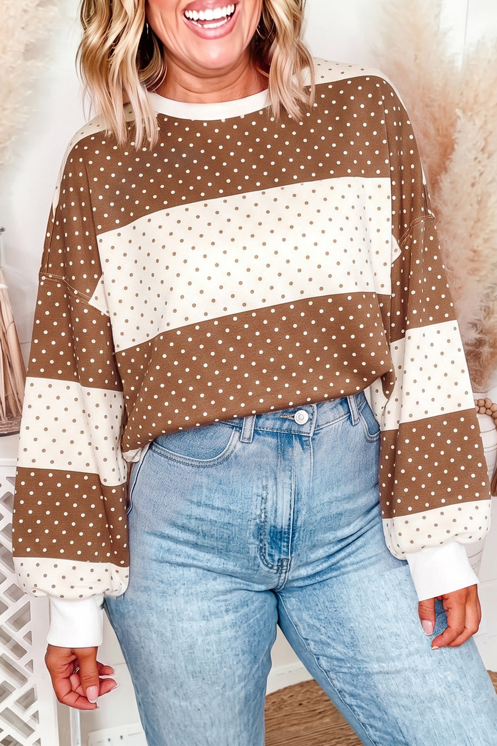 Blue Polka Dot Color Block Drop Shoulder Plus Size Long Sleeve Top