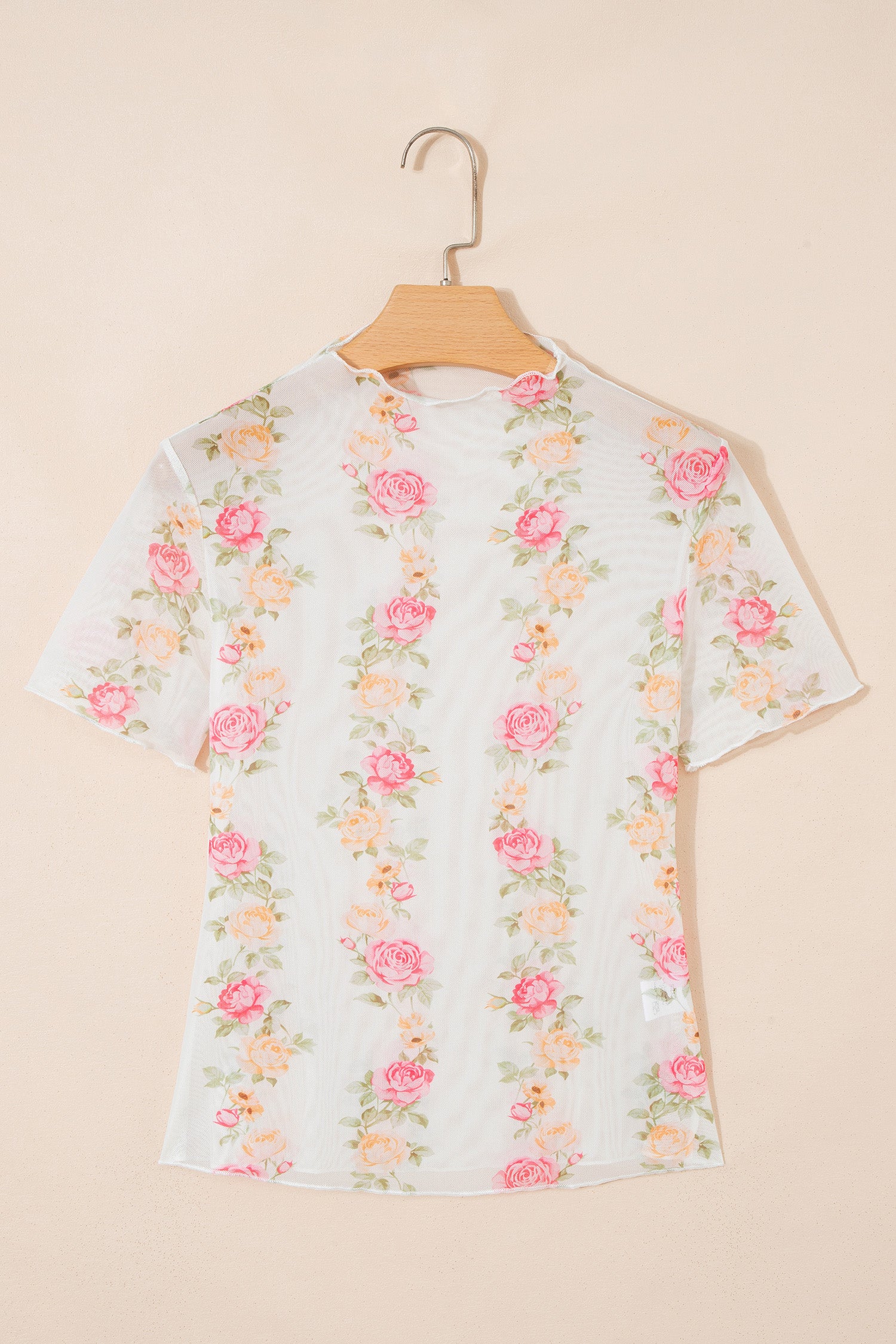 Beige Floral Print Mock Neck Short Sleeve Mesh Top