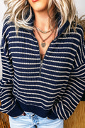 Blue Stripe Textured Knit Half Zip Collared Long Sleeve Top