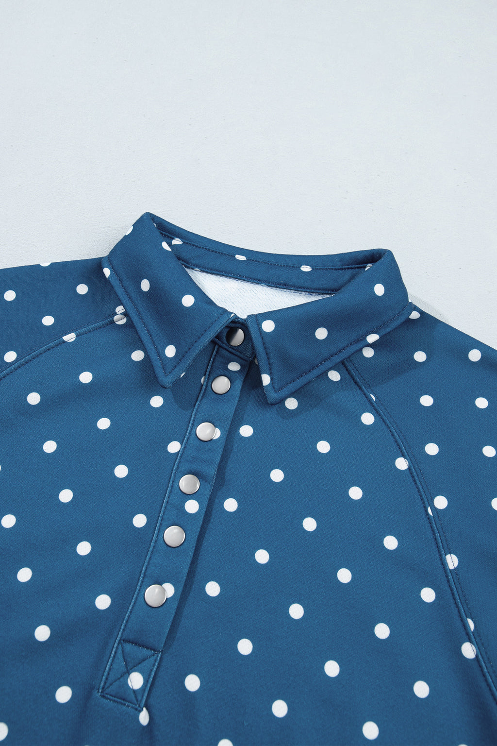 Blue Polka Dot Print Metal Button Collar Casual Pullover Sweatshirt
