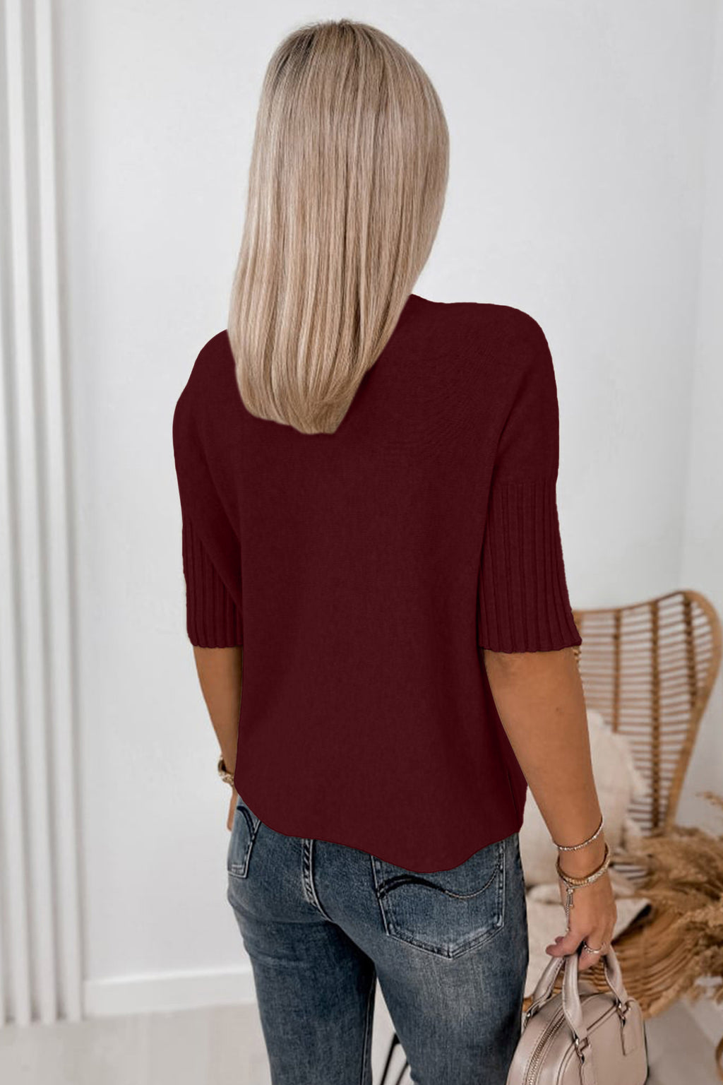 Dark Brown Ribbed Trim High Neck Short Sleeve Casual Sweater
