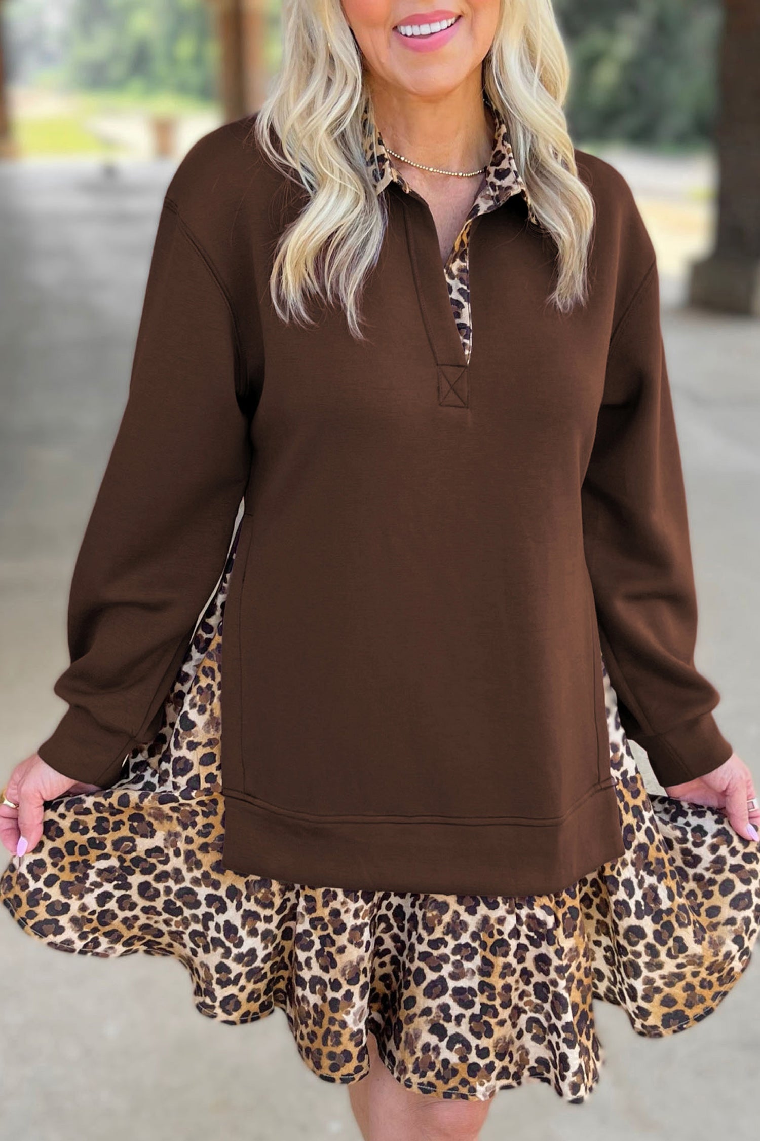 Coffee Leopard Patchwork Collar Long Sleeve Dress