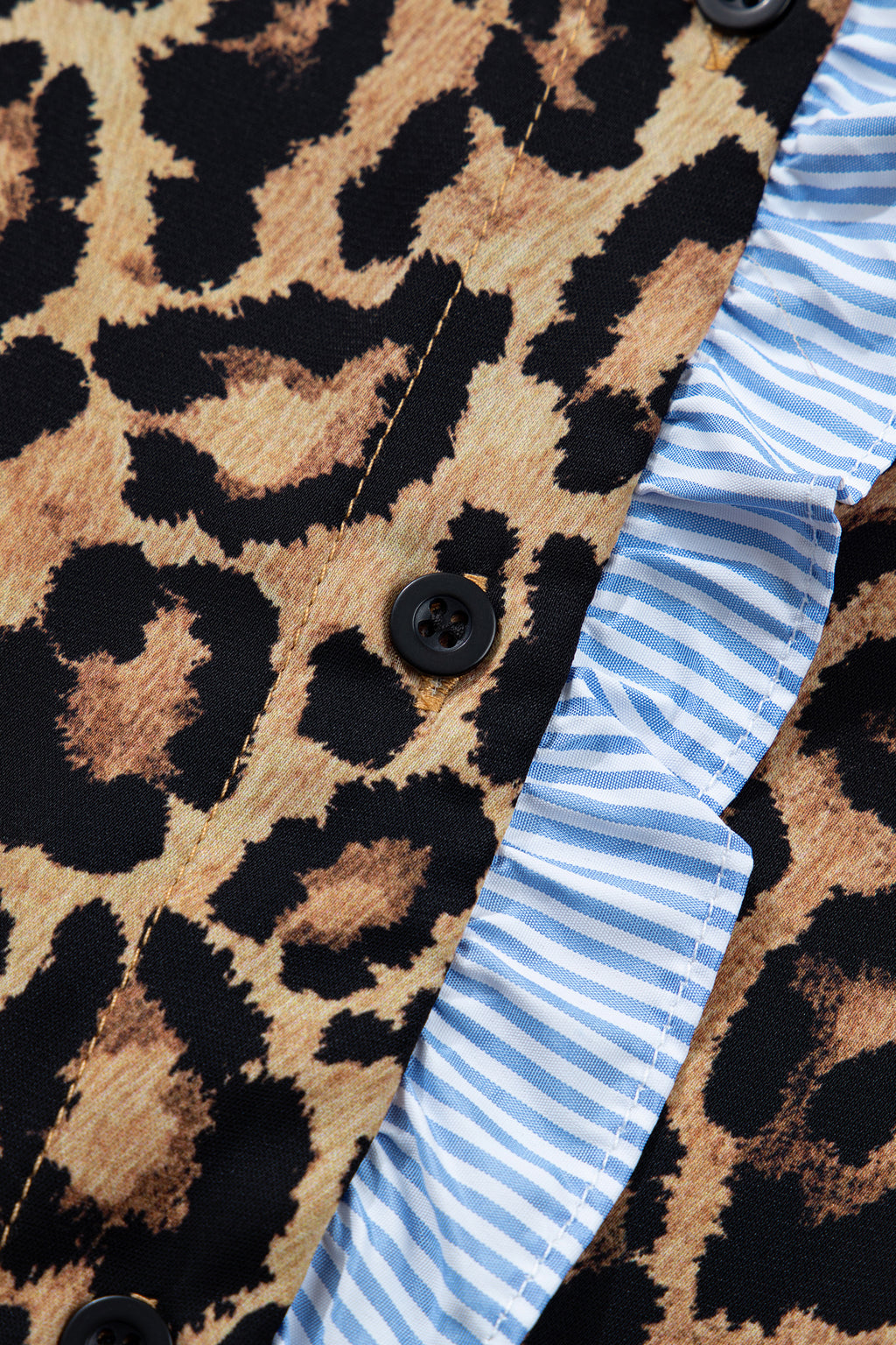 Brown Wild Leopard Print Contrast Striped Frilled Trim Chic Shirt