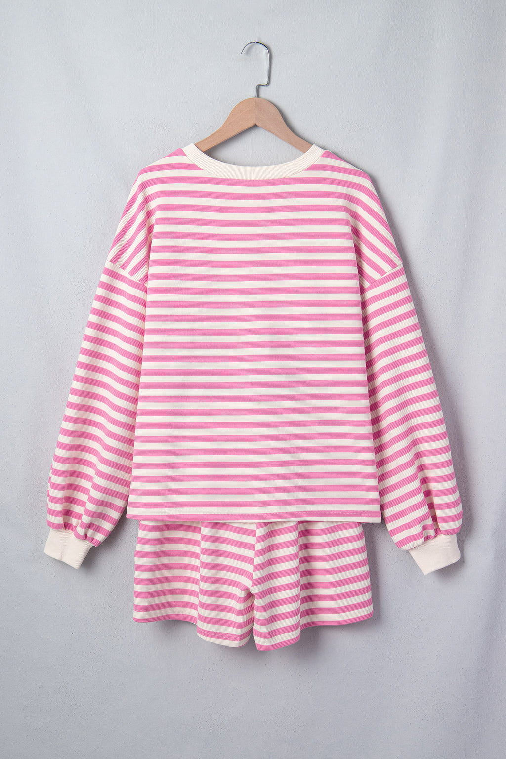 Pink Striped Long Sleeve Crew Neck Drawstring Waist Shorts Set