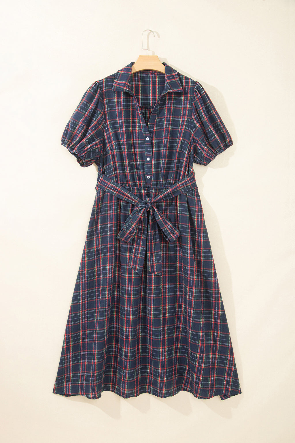 Black Plaid V Neck Belted Waist Short Sleeve Plus Size Dress