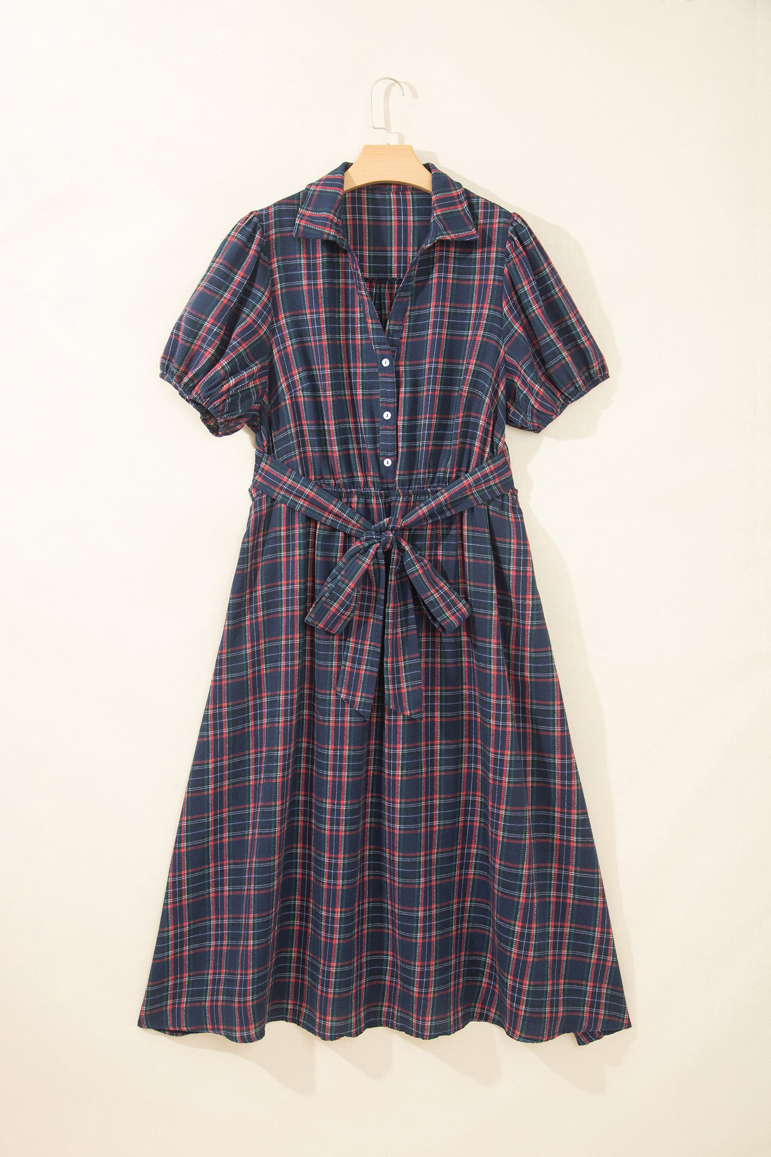 Black Plaid V Neck Belted Waist Short Sleeve Plus Size Dress
