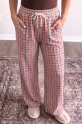 Multicolour Festive Plaid Drawstring Elastic Waist Pants