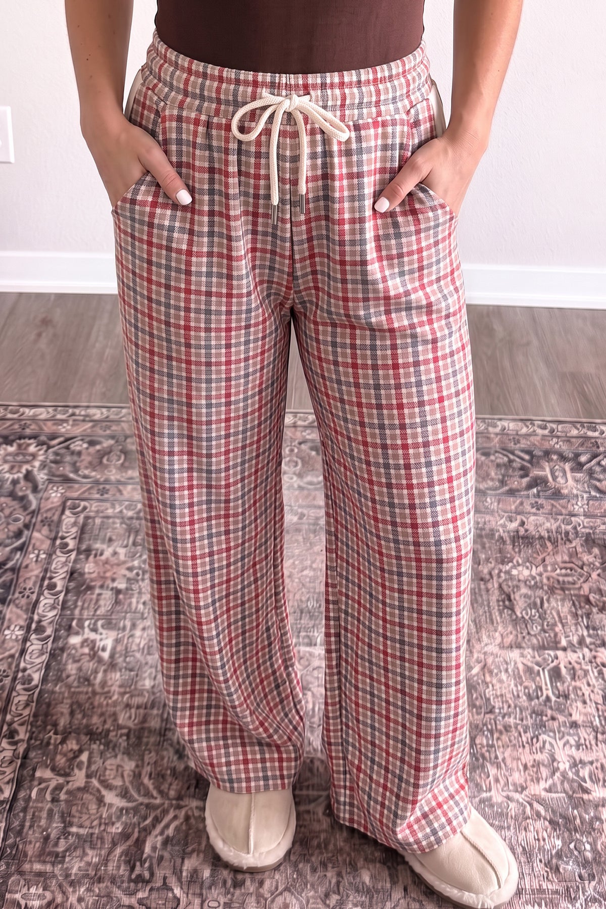 Multicolour Festive Plaid Drawstring Elastic Waist Pants