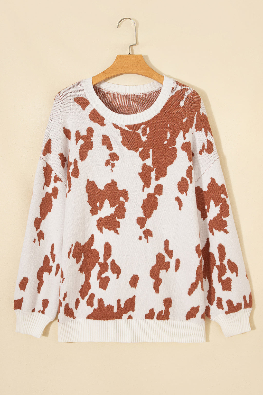 Khaki Abstract Print Drop Shoulder Long Sleeve Round Neck Sweater