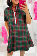 Green Plaid Button Front Short Sleeve Shift Dress