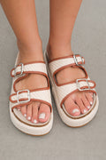 Beige Linen Dual Buckle Strap Thick Sole Outdoor Slippers